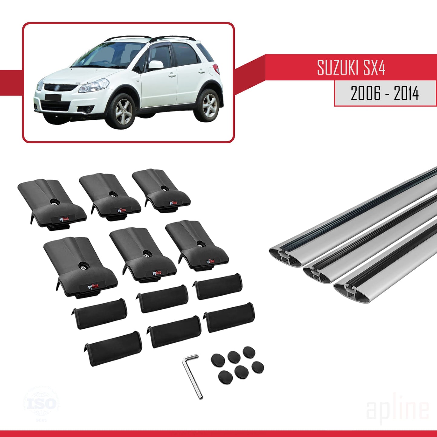 Compatible avec Suzuki SX4 II (JY) 2006-2014 FLY Model Barres de Toit Railing Porte-Bagages de Voiture Gris Aluminium 3 Barres