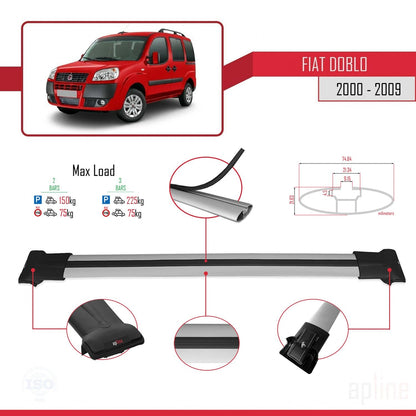 Kompatibel mit Fiat Doblo 2000-2009 FLY Modell Dachgepäckträger, graues Aluminium, 2 Stangen