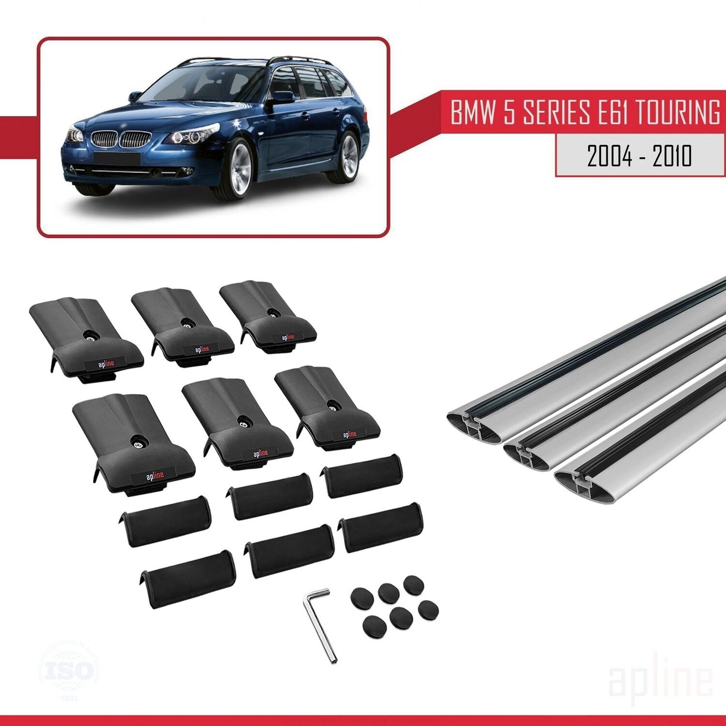 Kompatibel mit BMW 5er (E61) Touring 2004-2010 FLY Modell Dachgepäckträger, graues Aluminium, 3-teilig