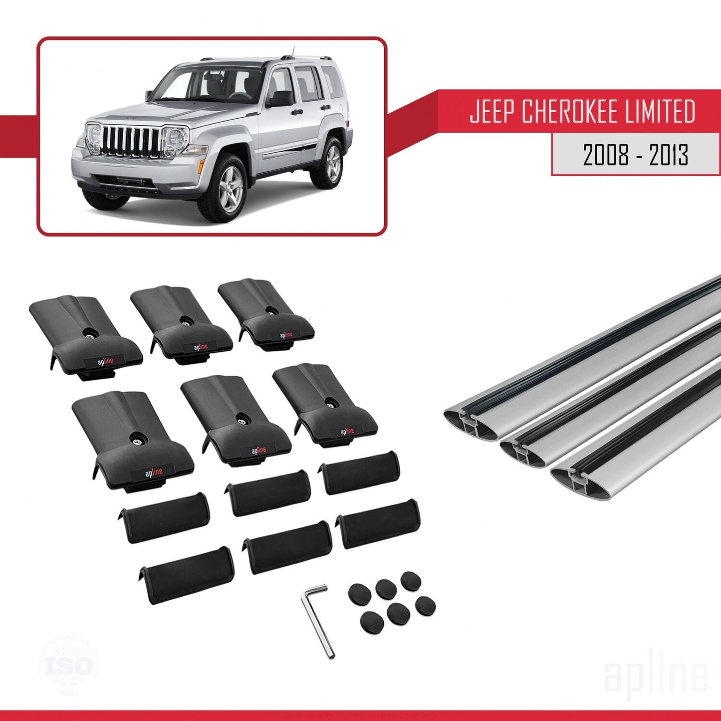 Compatible avec Jeep Cherokee 4 (KK) 2008-2013 FLY Model Barres de Toit Railing Porte-Bagages de Voiture Gris Aluminium 3 Barres
