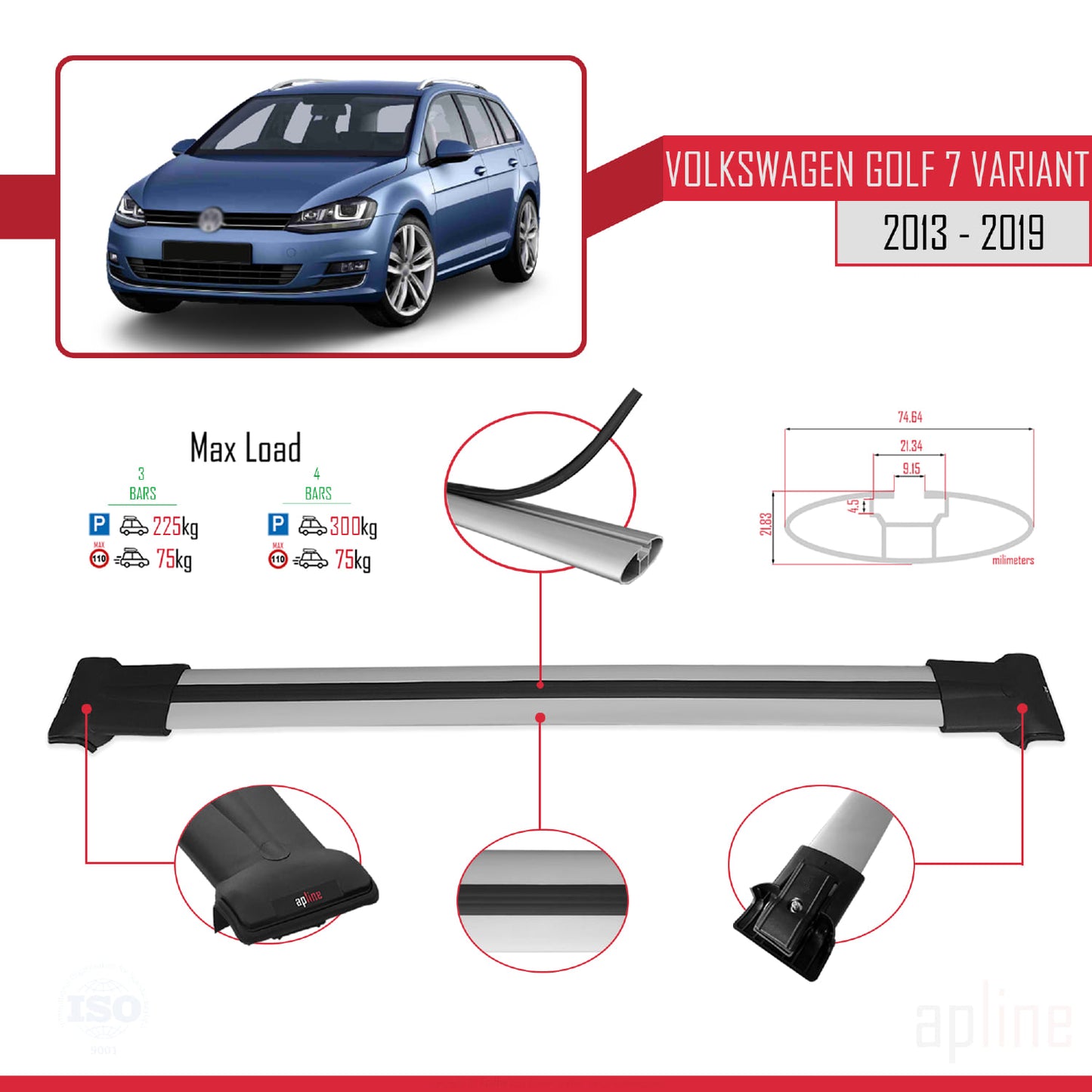 Compatible avec Volkswagen Golf 7 (5G) Variant 2013-2019 FLY Model Barres de Toit Railing Porte-Bagages de Voiture Gris Aluminium 3 Barres