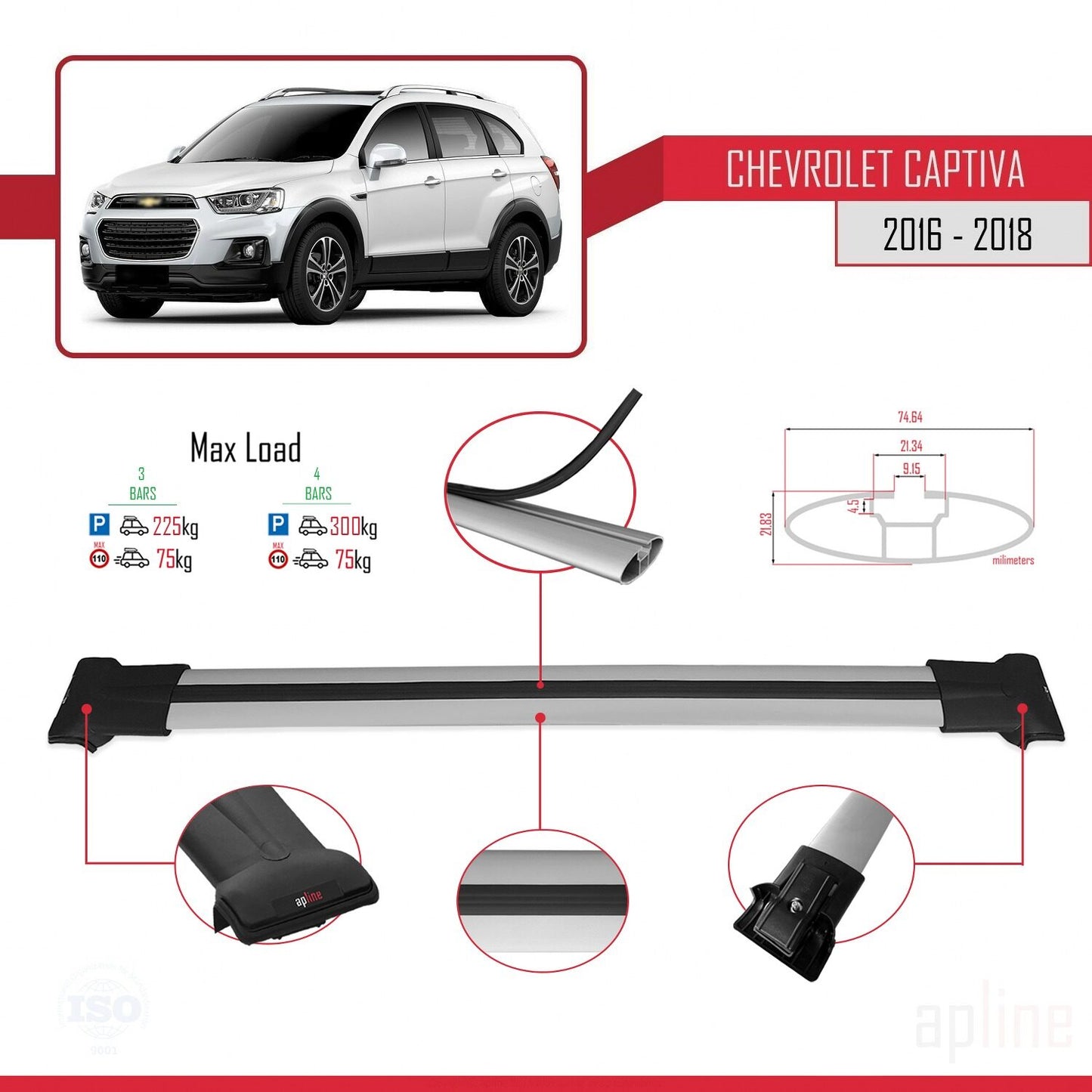 Kompatibel mit Chevrolet Captiva 2016-2018 FLY Modell Dachgepäckträger, graues Aluminium, 3 Stangen