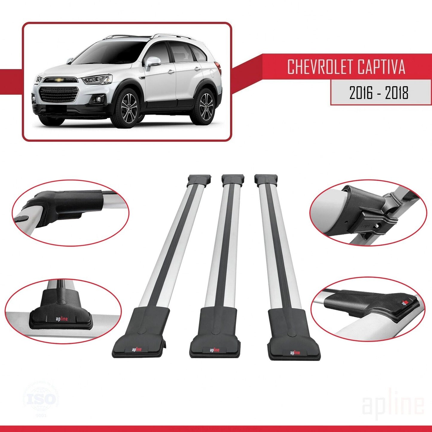 Kompatibel mit Chevrolet Captiva 2016-2018 FLY Modell Dachgepäckträger, graues Aluminium, 3 Stangen