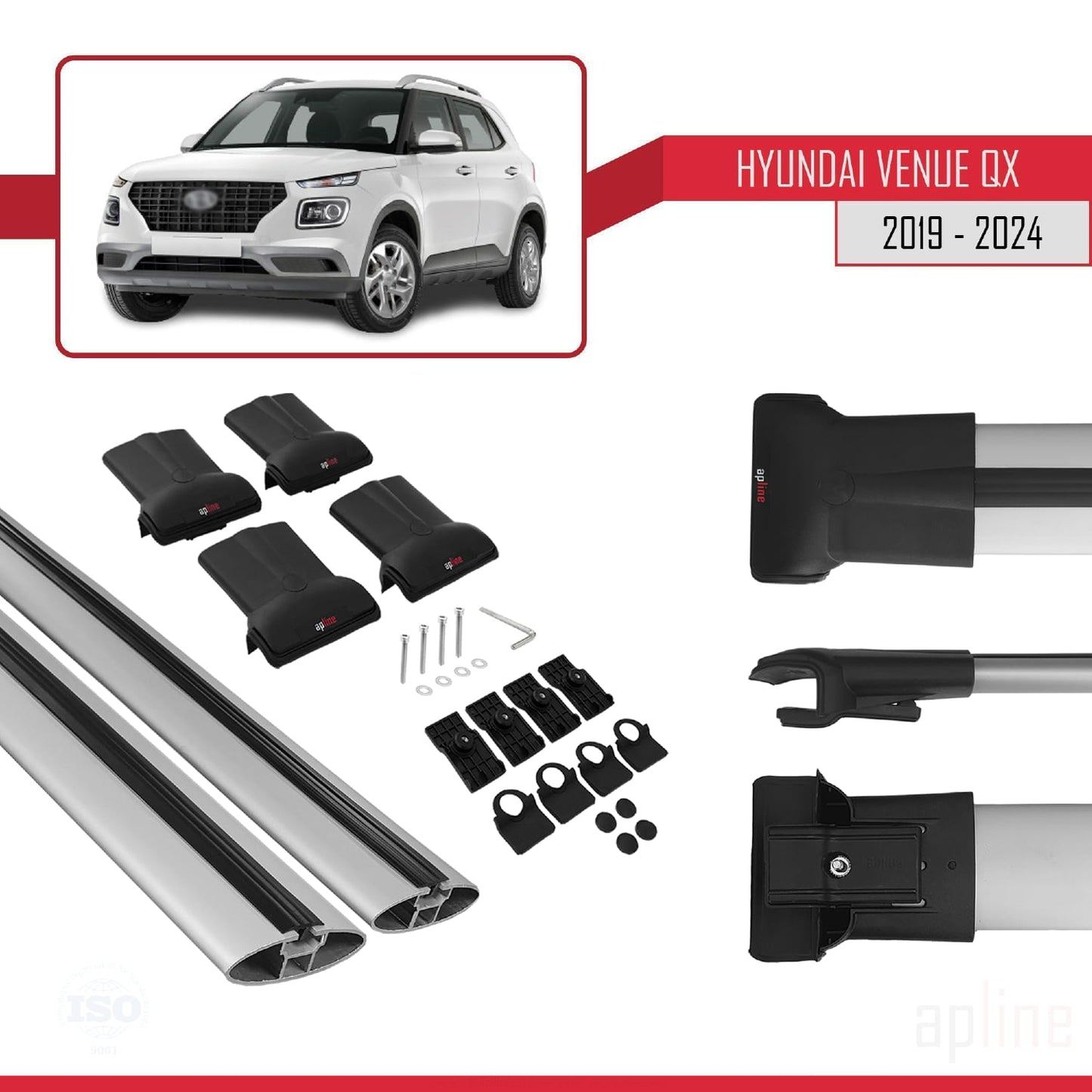 Compatible avec Hyundai Venue (QX) 2019-2024 FLY Model Barres de Toit Railing Porte-Bagages de Voiture Gris Aluminium 2 Barres