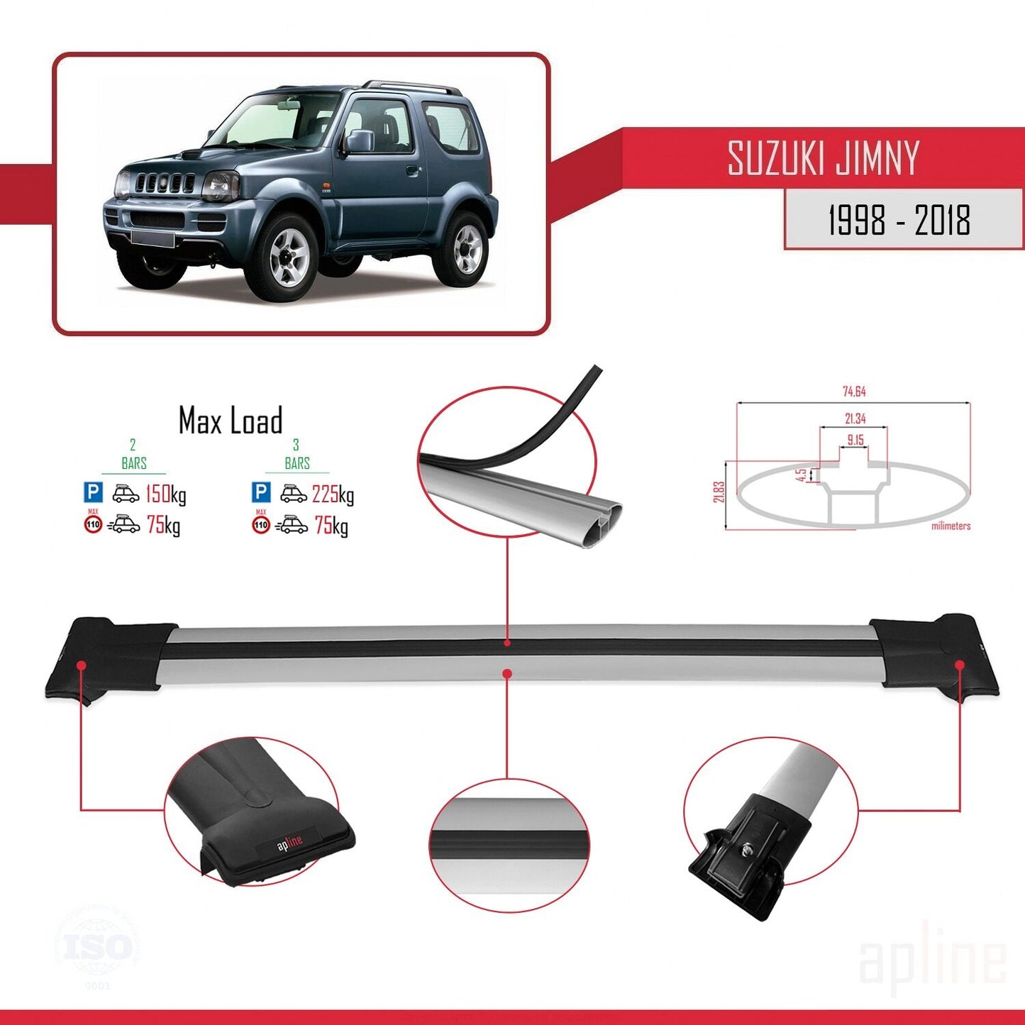 Compatible avec Suzuki Jimny 3 1998-2018 FLY Model Barres de Toit Railing Porte-Bagages de Voiture Gris Aluminium 2 Barres