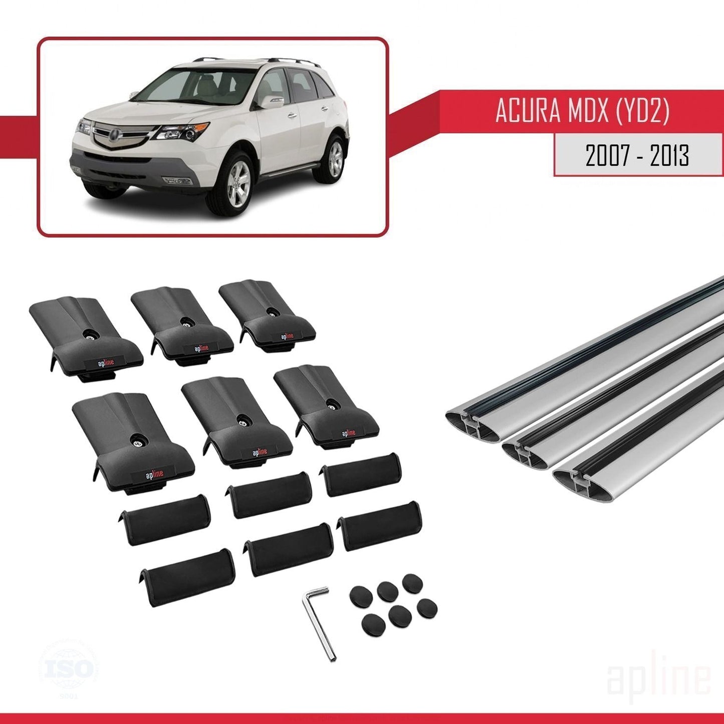 Kompatibel mit Acura MDX (YD2) 2007-2013 FLY Modell Dachgepäckträger, graues Aluminium, 3 Stangen