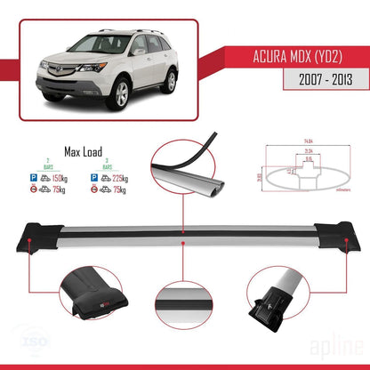Kompatibel mit Acura MDX (YD2) 2007-2013 FLY Modell Dachgepäckträger, graues Aluminium, 2 Stangen