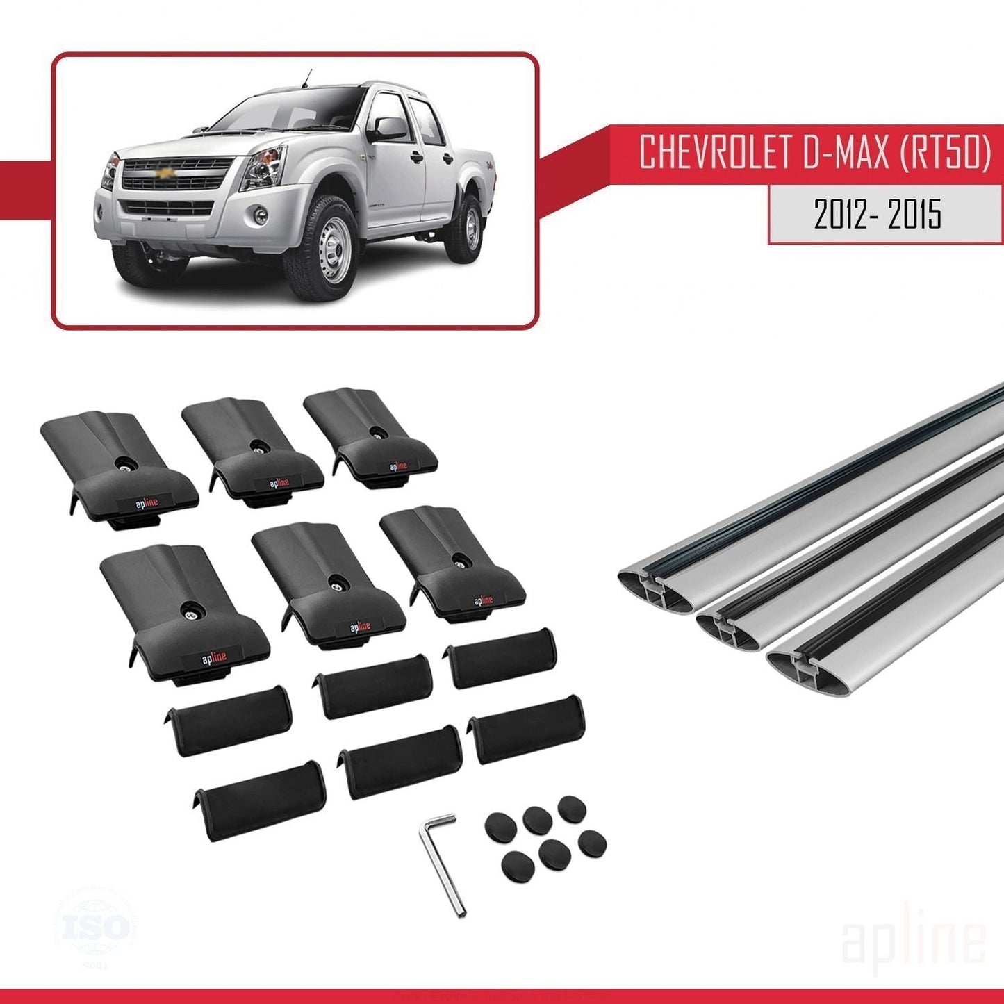 Kompatibel mit Chevrolet D-Max (RT50) 2012-2015 FLY Modell Dachgepäckträger, graues Aluminium, 3 Stangen