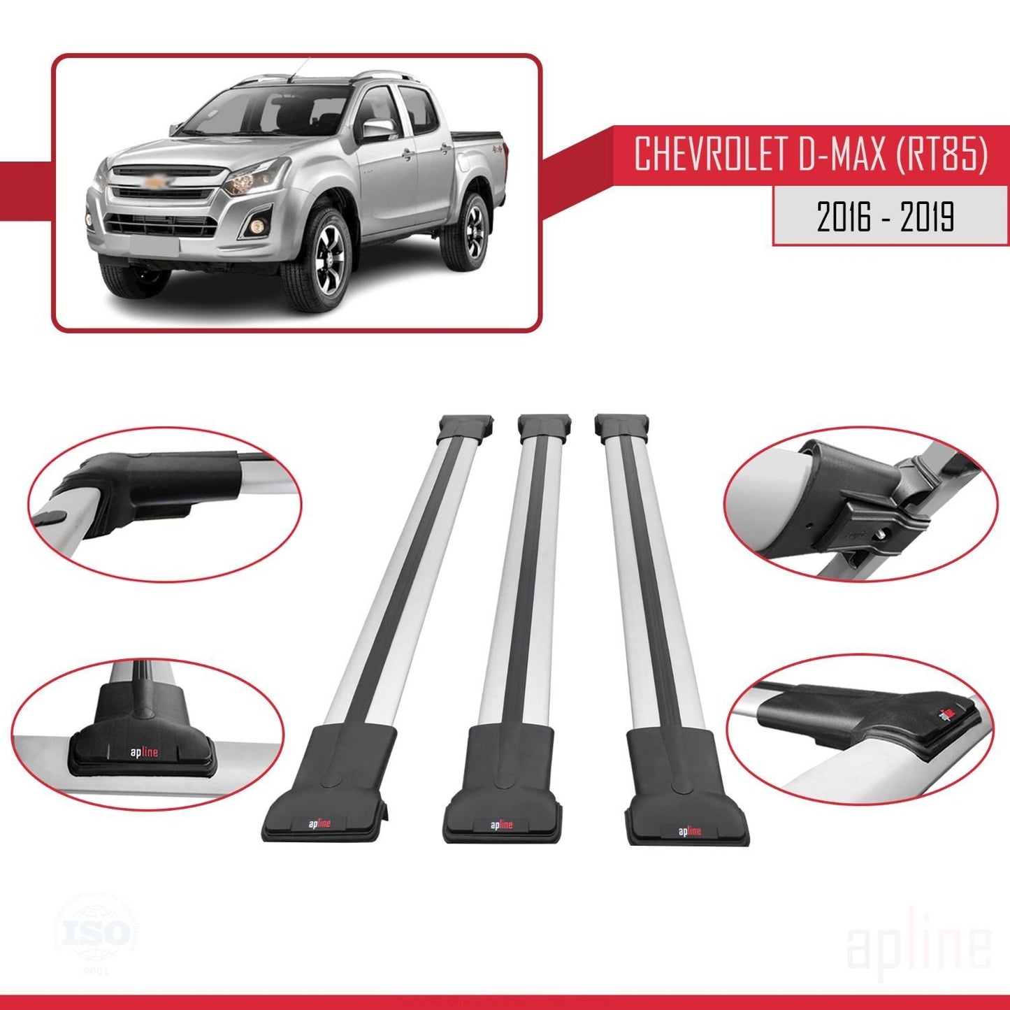Kompatibel mit Chevrolet D-Max (RT85) 2016-2019 FLY Modell Dachgepäckträger, graues Aluminium, 3-teilig