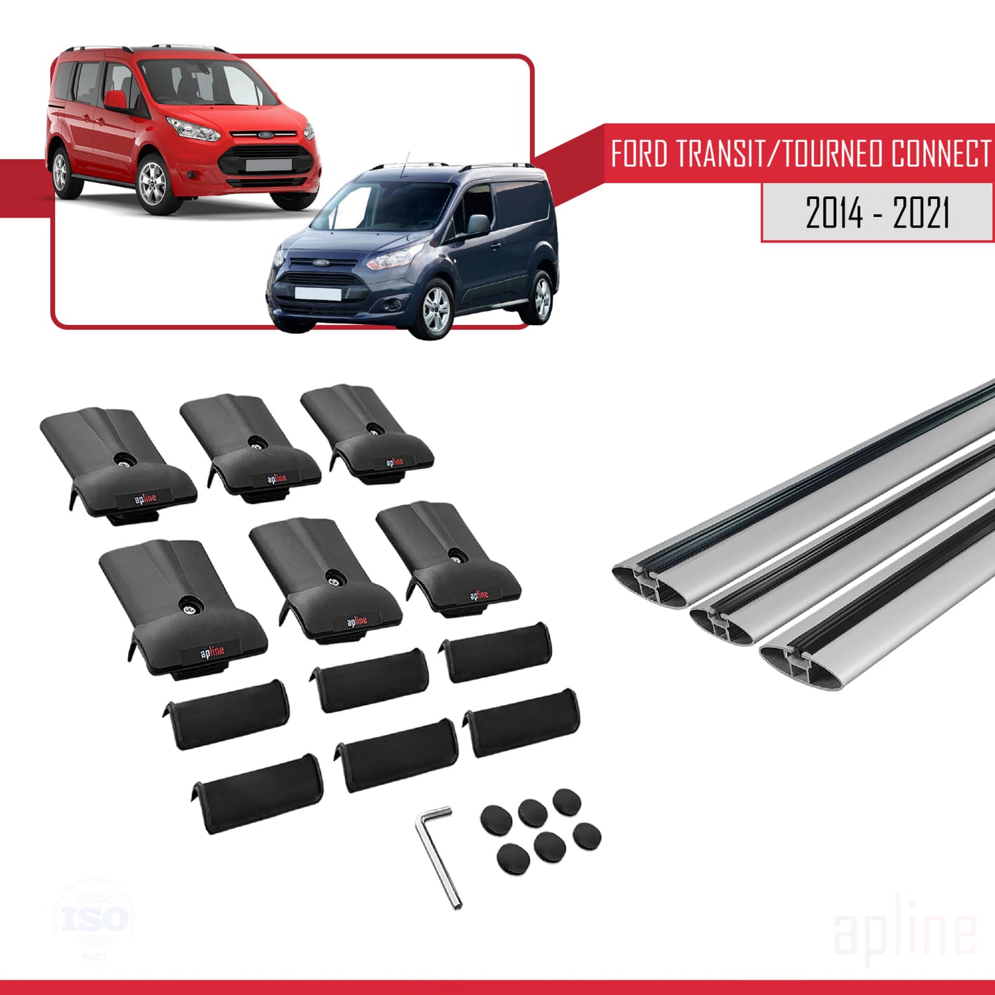 Compatible with Ford Transit/Tourneo Connect 2 2014-2021 FLY Model Car Roof Rack Cross Bar Grey Aluminium 3 Bars