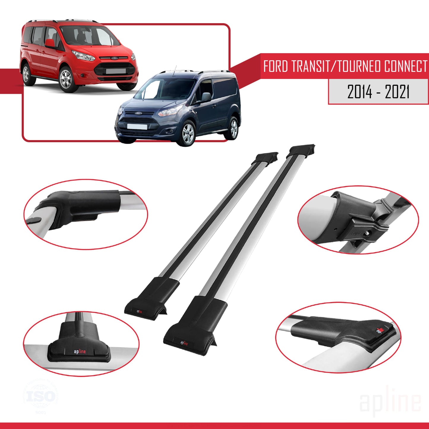 Kompatibel mit Ford Transit/Tourneo Connect 2 2014-2021 FLY Modell Dachgepäckträger, graues Aluminium, 2 Stangen