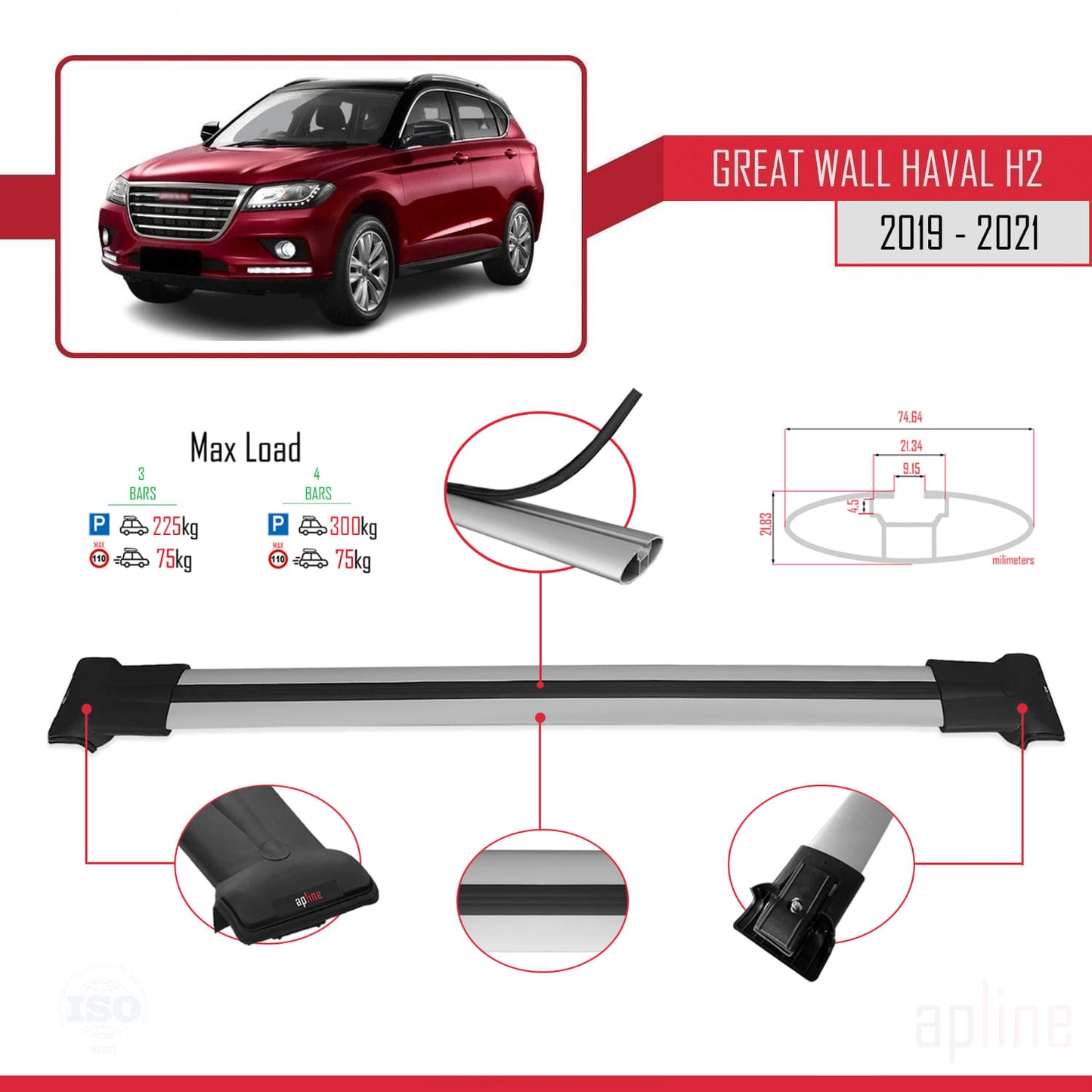 Kompatibel mit Great Wall Haval H2 2019-2021 FLY Modell Dachgepäckträger, Reling, Gepäckträger, graues Aluminium, 3 Stangen