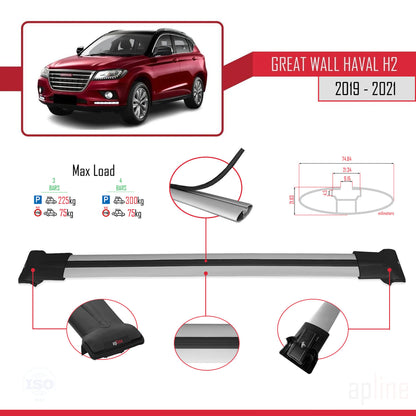 Kompatibel mit Great Wall Haval H2 2019-2021 FLY Modell Dachgepäckträger, Reling, Gepäckträger, graues Aluminium, 3 Stangen