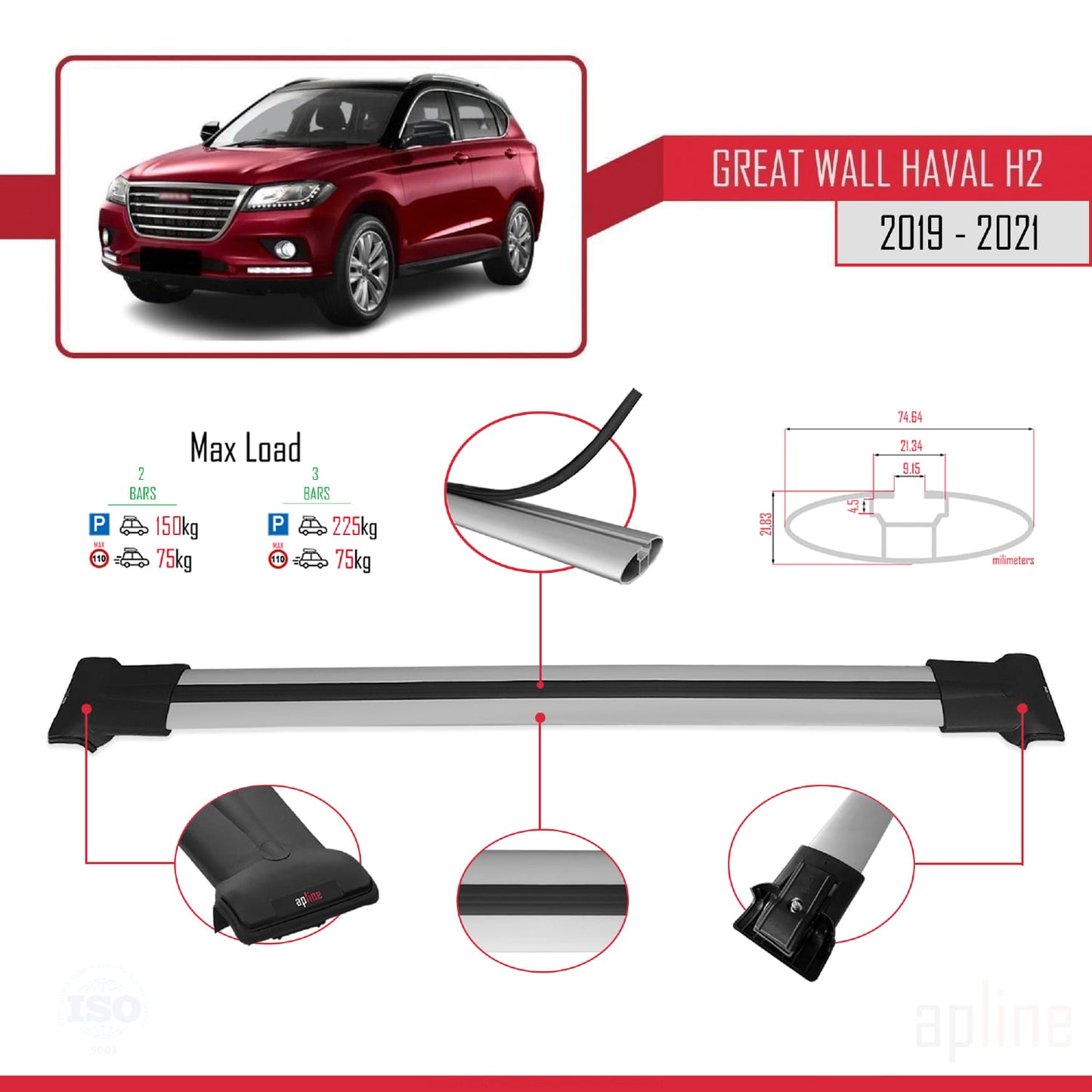 Kompatibel mit Great Wall Haval H2 2019-2021 FLY Modell Dachgepäckträger, graues Aluminium, 2 Stangen