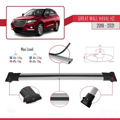 Kompatibel mit Great Wall Haval H2 2019-2021 FLY Modell Dachgepäckträger, graues Aluminium, 2 Stangen