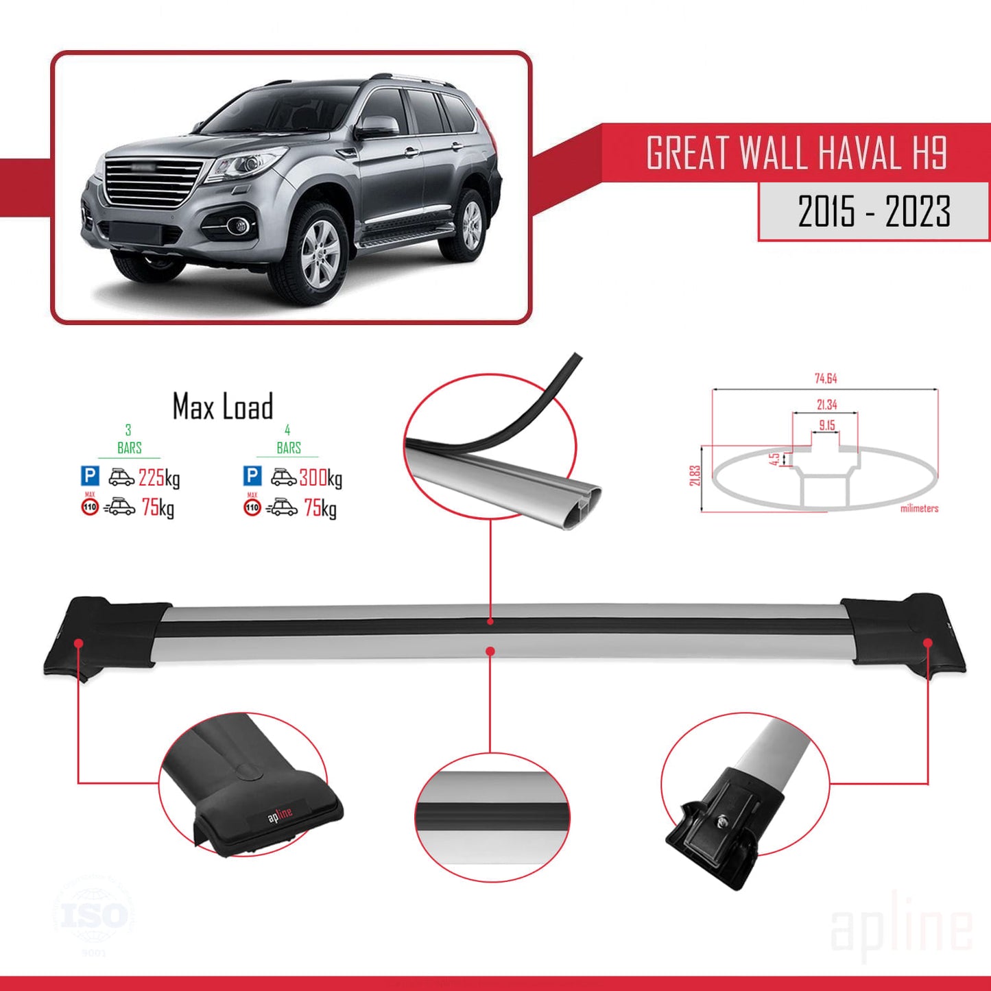 Kompatibel mit Great Wall Haval H9 2015-2023 FLY Modell Dachgepäckträger, Reling, Gepäckträger, graues Aluminium, 3 Stangen