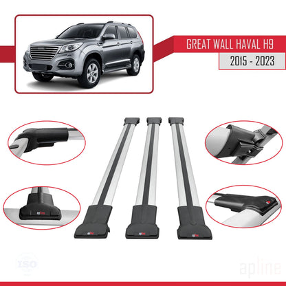 Kompatibel mit Great Wall Haval H9 2015-2023 FLY Modell Dachgepäckträger, Reling, Gepäckträger, graues Aluminium, 3 Stangen