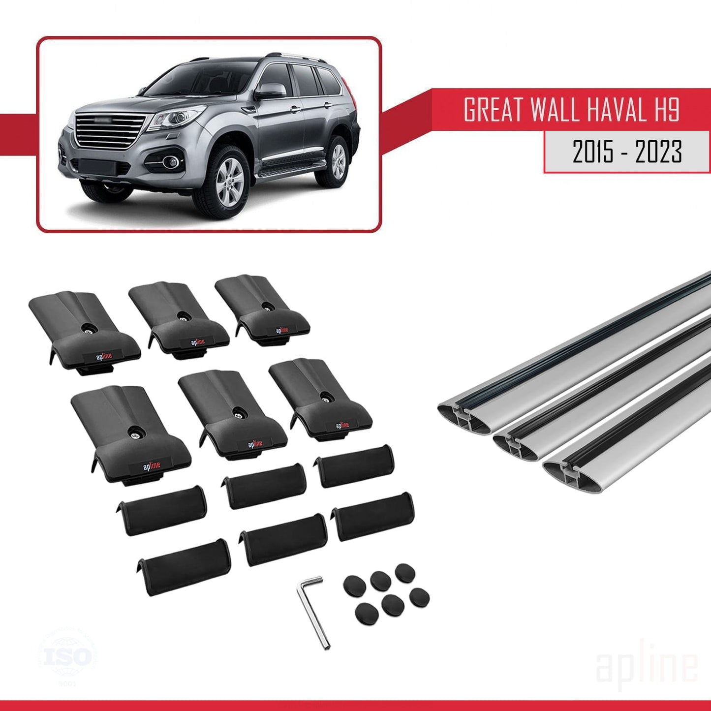 Kompatibel mit Great Wall Haval H9 2015-2023 FLY Modell Dachgepäckträger, Reling, Gepäckträger, graues Aluminium, 3 Stangen