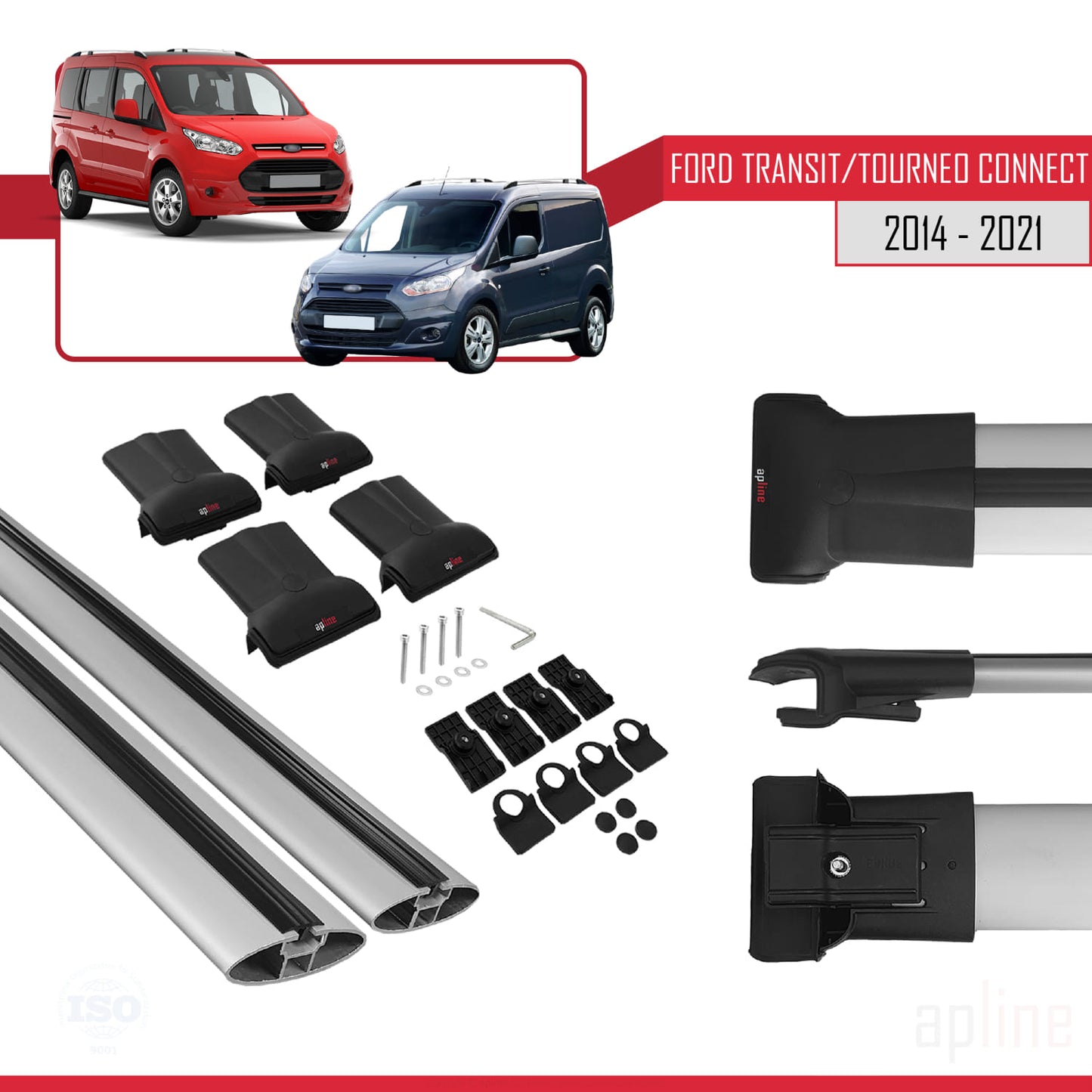 Kompatibel mit Ford Transit/Tourneo Connect 2 2014-2021 FLY Modell Dachgepäckträger, graues Aluminium, 2 Stangen