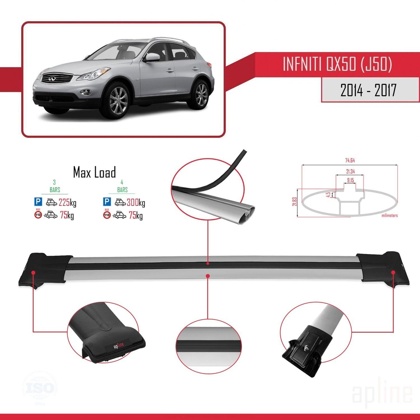 Compatible avec Infiniti QX50 (J50) 2014-2017 FLY Model Barres de Toit Railing Porte-Bagages de Voiture Gris Aluminium 3 Barres