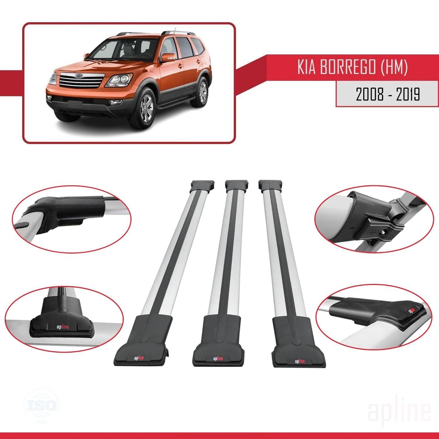 Kompatibel mit Kia Borrego (HM) 2008-2019 FLY Model Relingträger Dachträger Auto Gepäckträger Grau Aluminium 3 Stangen
