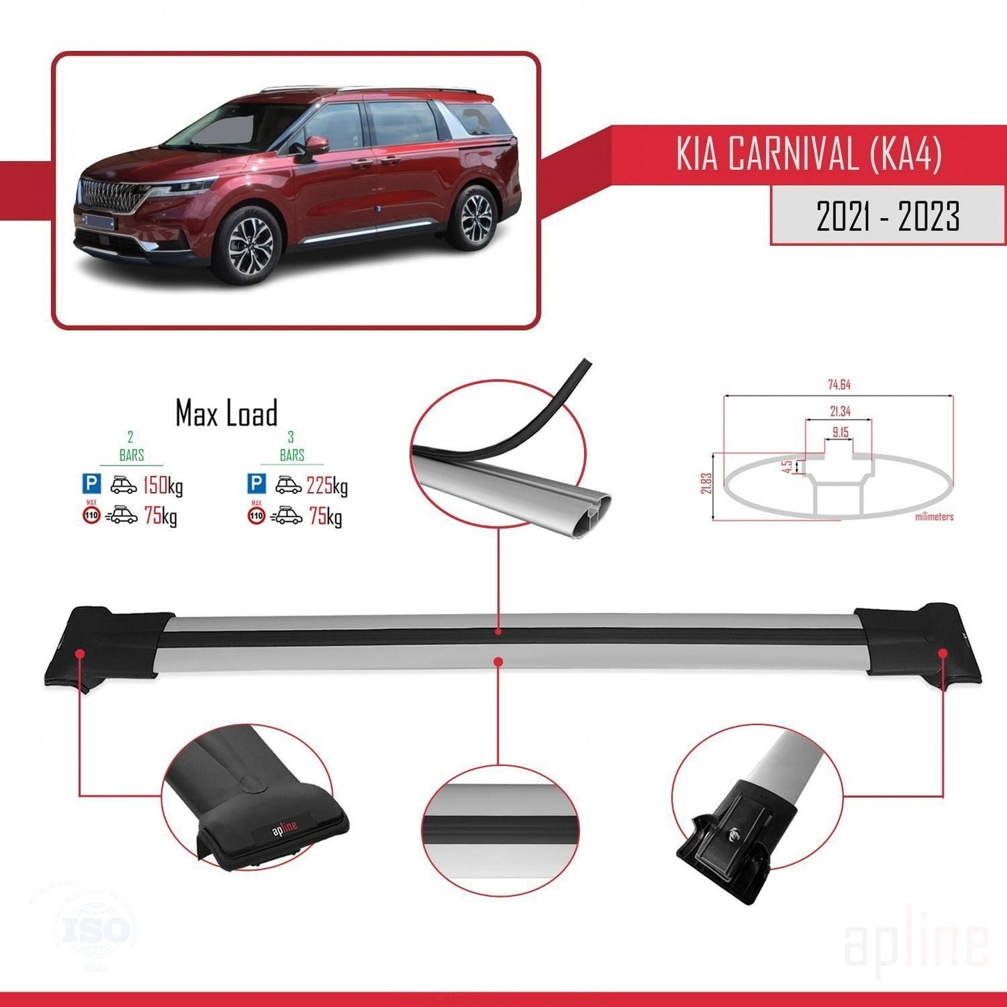 Kompatibel mit Kia Carnival 4 (KA4) 2021-2023 FLY Model Relingträger Dachträger Auto Gepäckträger Grau Aluminium 2 Stangen