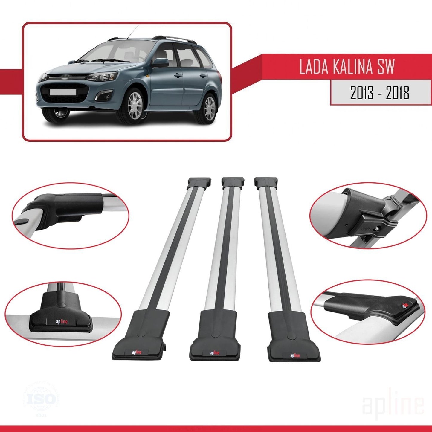 Compatible with Lada Kalina 2 SW 2013-2018 FLY Model Car Roof Rack Cross Bar Grey Aluminium 3 Bars