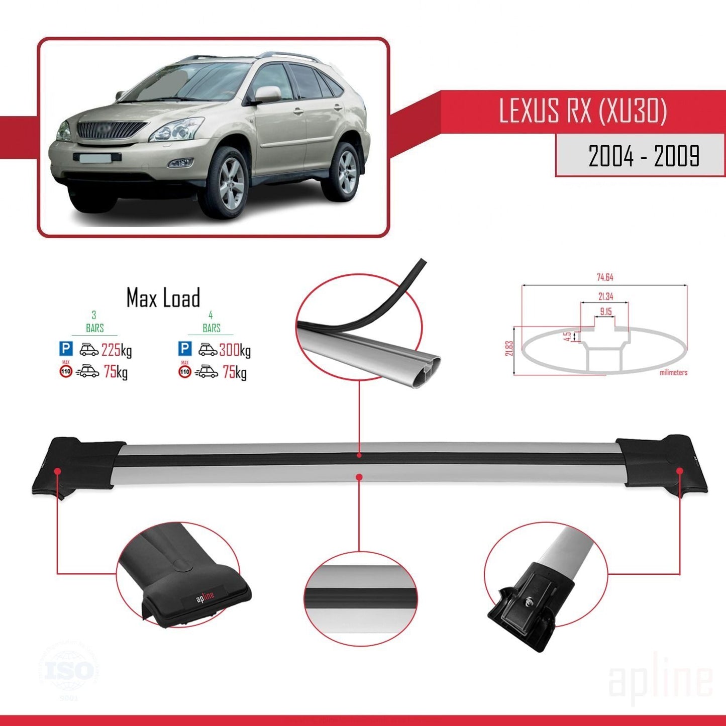 Compatible avec Lexus RX 2 (XU30) 2004-2009 FLY Model Barres de Toit Railing Porte-Bagages de Voiture Gris Aluminium 3 Barres