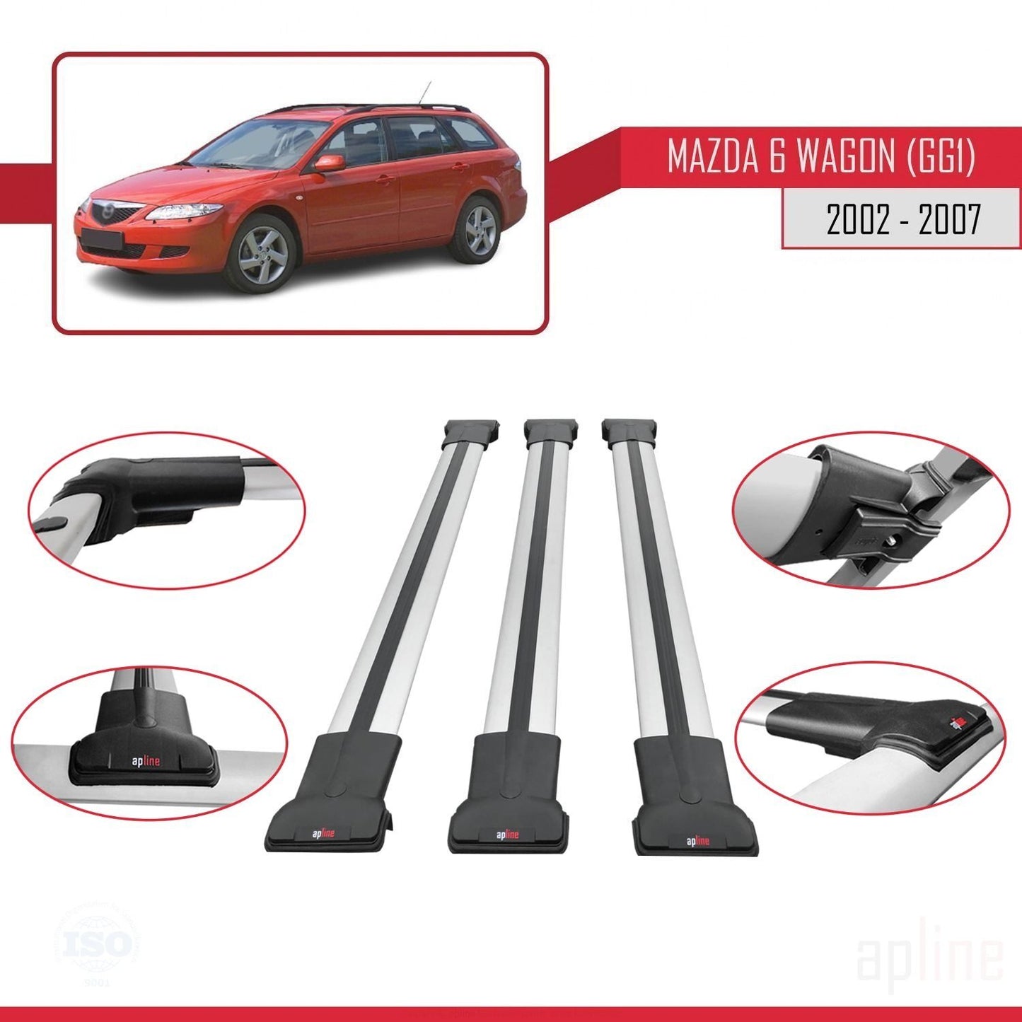 Compatible with Mazda 6 I (GG1) 2002-2007 FLY Model Car Roof Rack Cross Bar Grey Aluminium 3 Bars