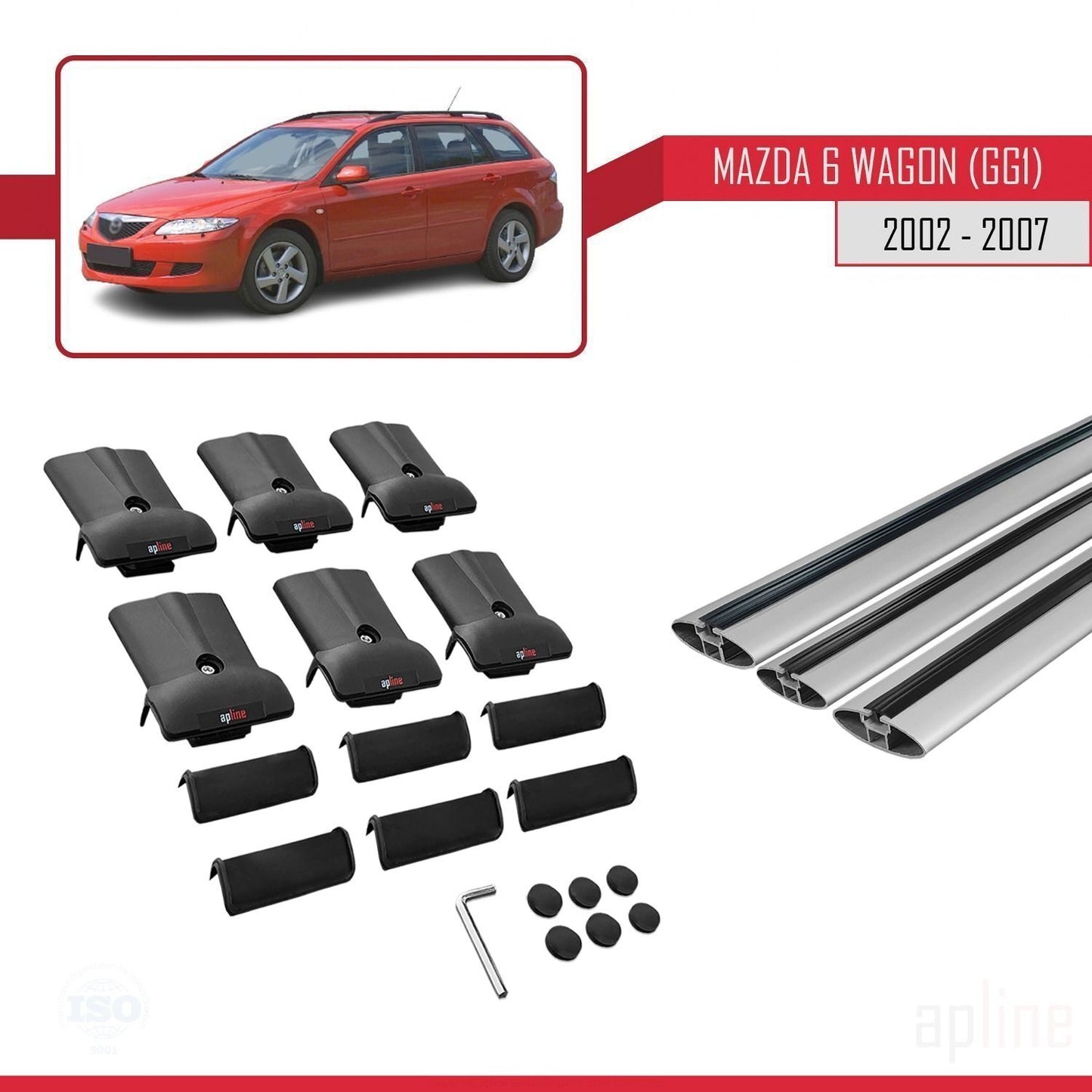 Compatible with Mazda 6 I (GG1) 2002-2007 FLY Model Car Roof Rack Cross Bar Grey Aluminium 3 Bars