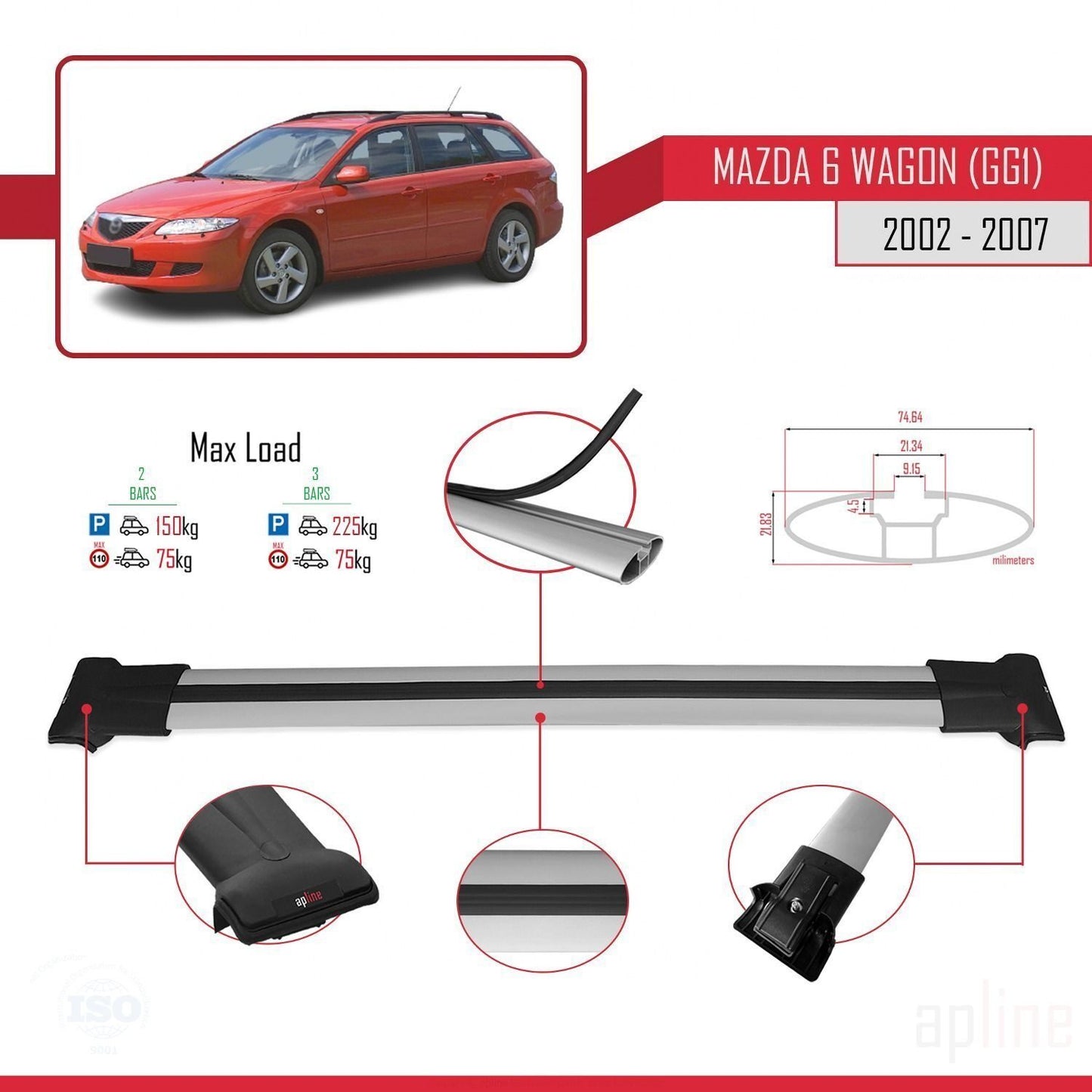 Compatible with Mazda 6 I (GG1) 2002-2007 FLY Model Car Roof Rack Cross Bar Grey Aluminium 2 Bars
