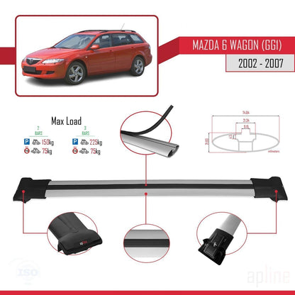 Compatible with Mazda 6 I (GG1) 2002-2007 FLY Model Car Roof Rack Cross Bar Grey Aluminium 2 Bars