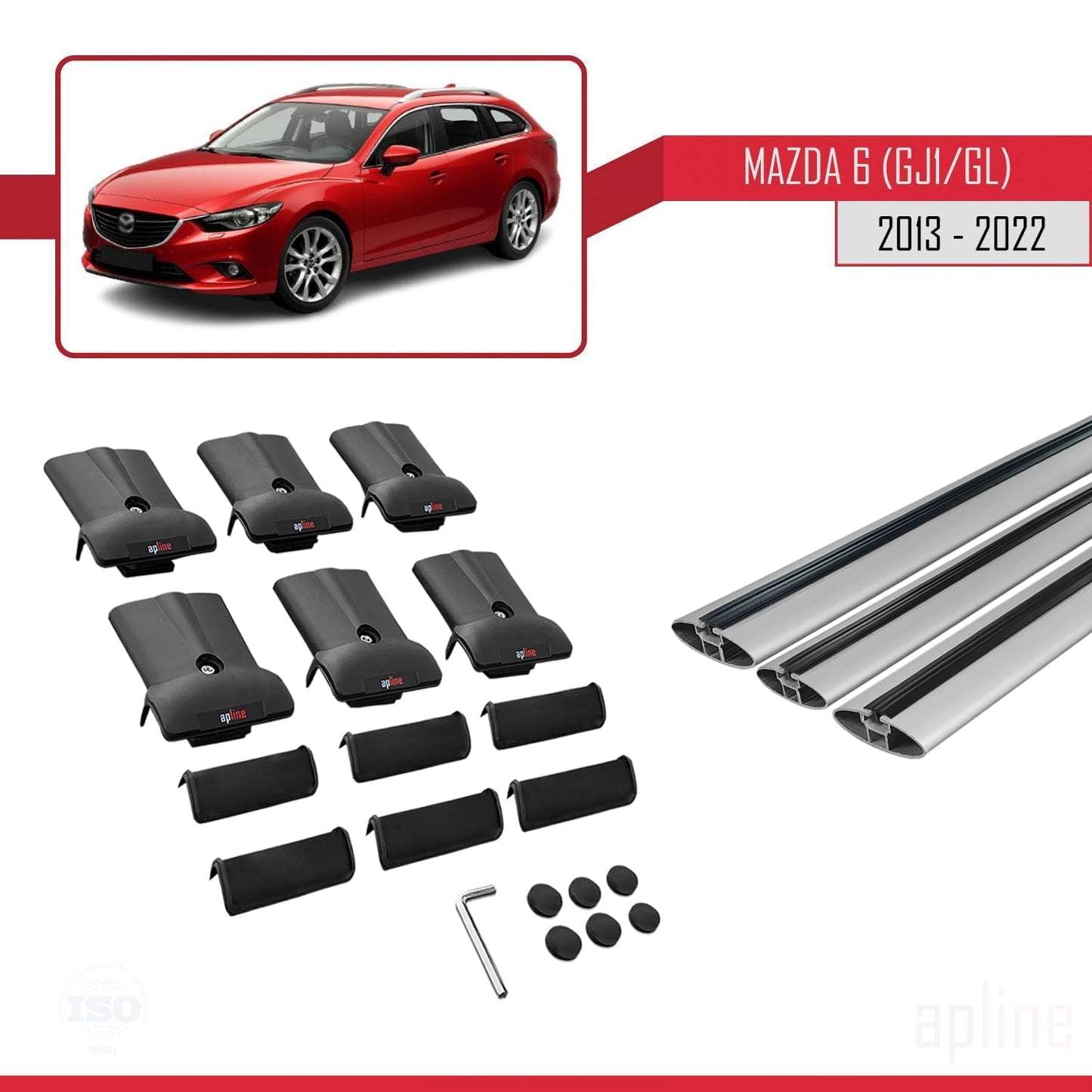 Compatible avec Mazda 6 III (GJ1/GL) 2013-2022 FLY Model Barres de Toit Railing Porte-Bagages de Voiture Gris Aluminium 3 Barres
