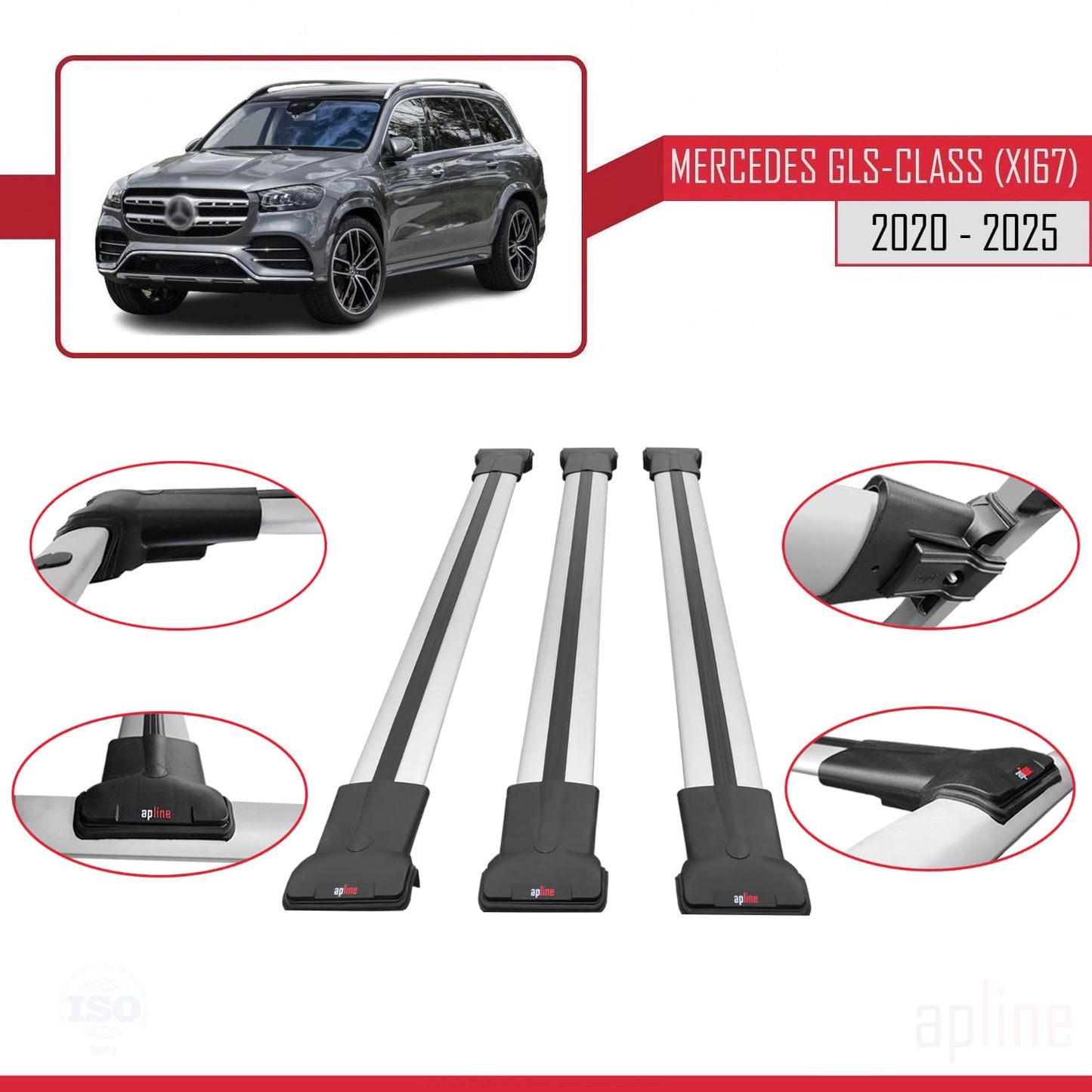 Compatible with Mercedes GLS Class (X167) 2020-2025 FLY Model Car Roof Rack Cross Bar Grey Aluminium 3 Bars