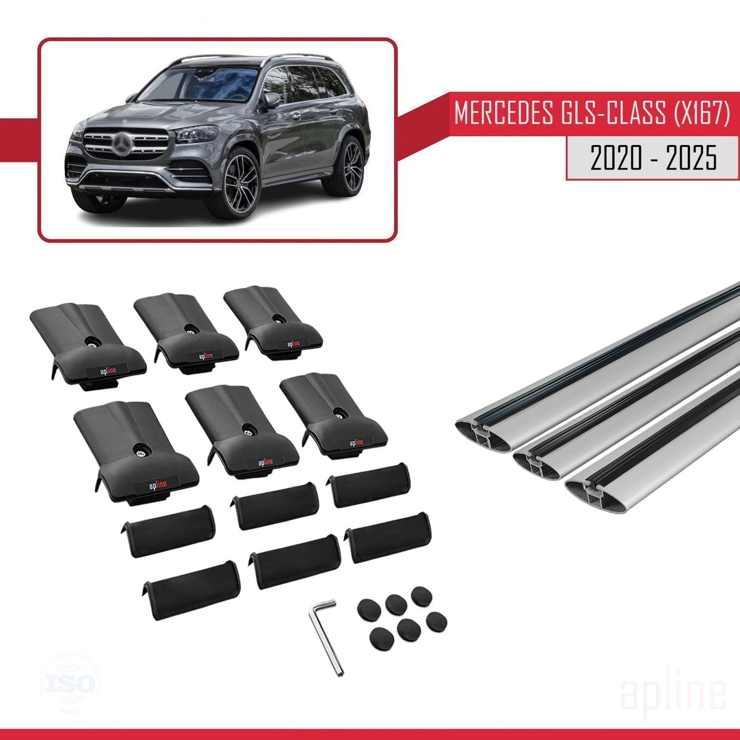 Compatible with Mercedes GLS Class (X167) 2020-2025 FLY Model Car Roof Rack Cross Bar Grey Aluminium 3 Bars