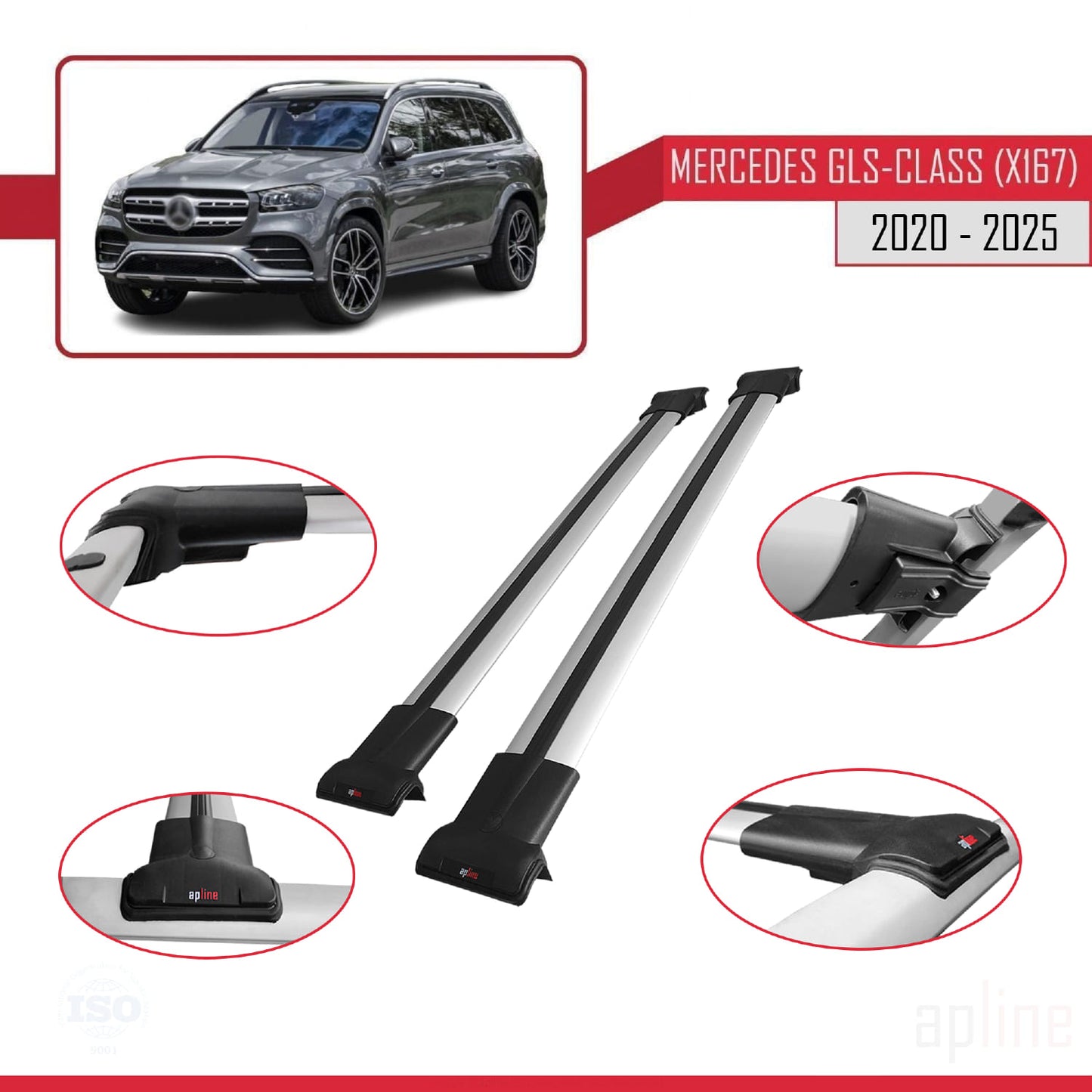 Compatible with Mercedes GLS Class (X167) 2020-2025 FLY Model Car Roof Rack Cross Bar Grey Aluminium 2 Bars