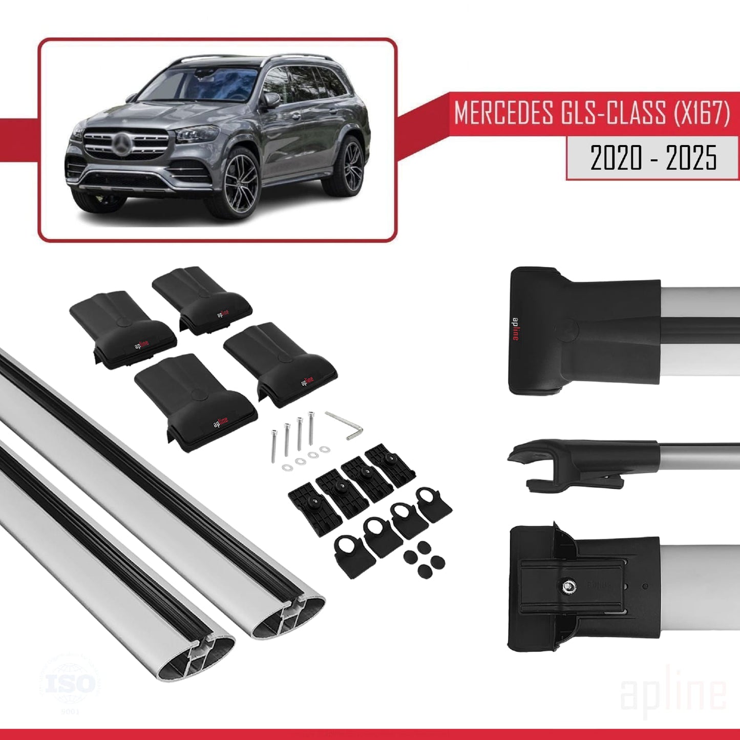 Compatible with Mercedes GLS Class (X167) 2020-2025 FLY Model Car Roof Rack Cross Bar Grey Aluminium 2 Bars