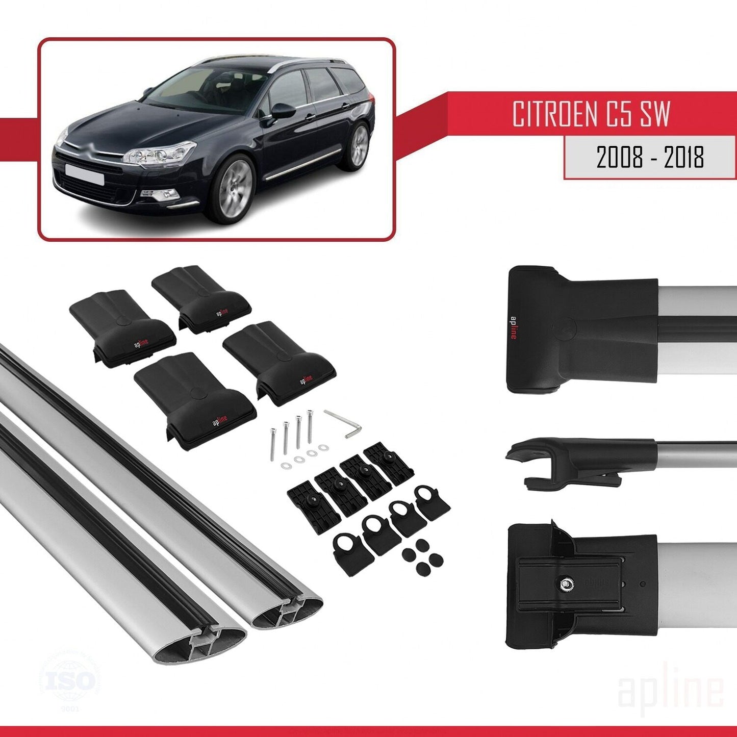 Kompatibel mit Citroen C5 II Tourer 2008-2018 FLY Modell Dachgepäckträger, graues Aluminium, 2 Stangen