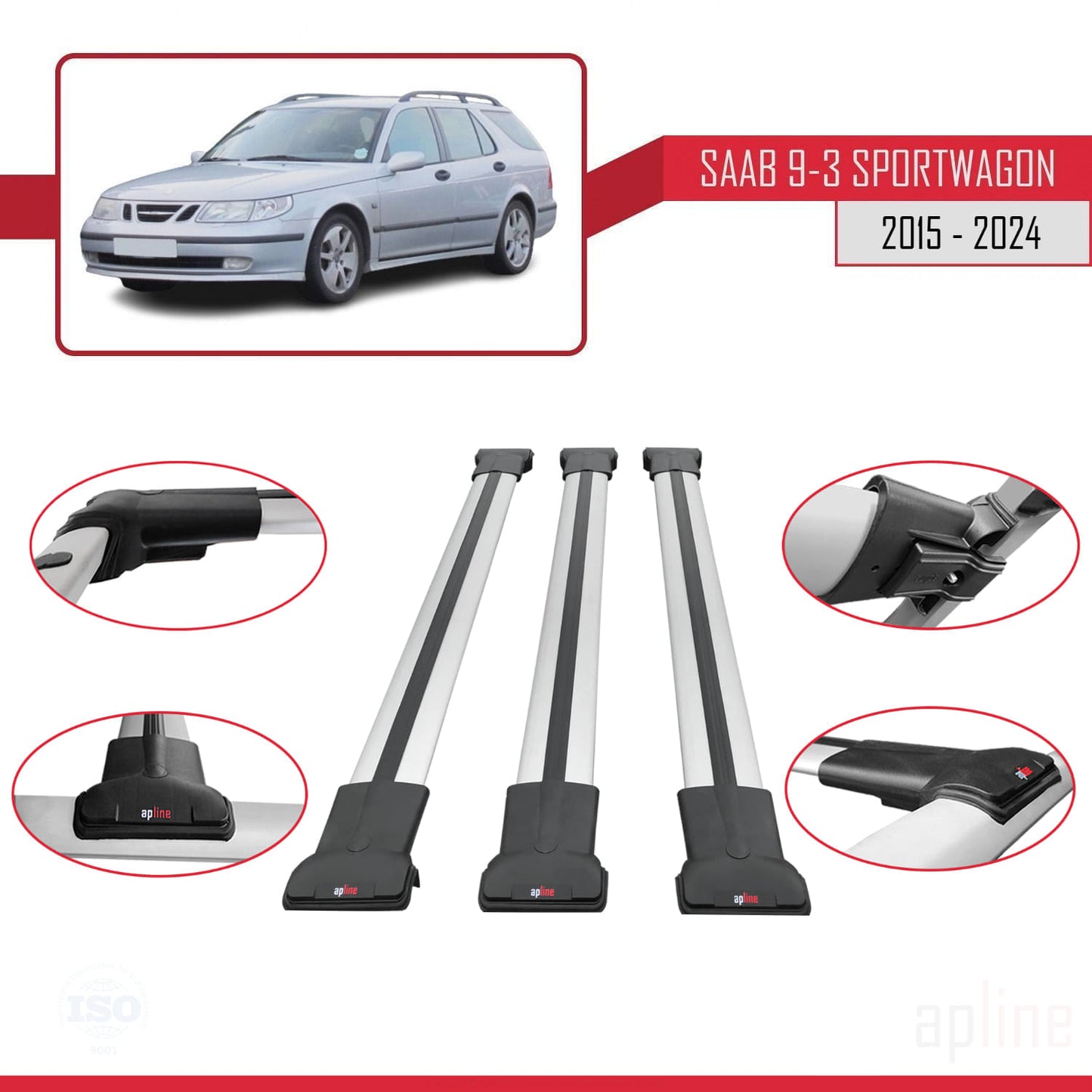 Compatible avec Saab 9-3 II Break 2006-2012 FLY Model Barres de Toit Railing Porte-Bagages de Voiture Gris Aluminium 3 Barres