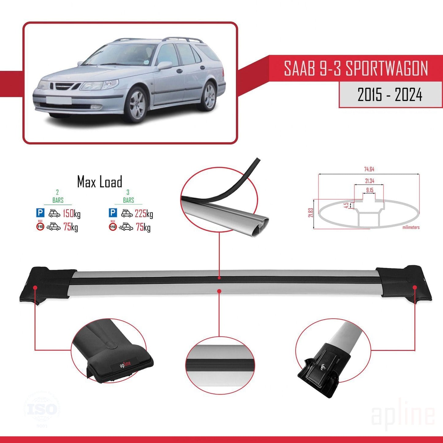 Kompatibel mit Saab 9-3 II SW 2006-2012 FLY Model Relingträger Dachträger Auto Gepäckträger Grau Aluminium 2 Stangen