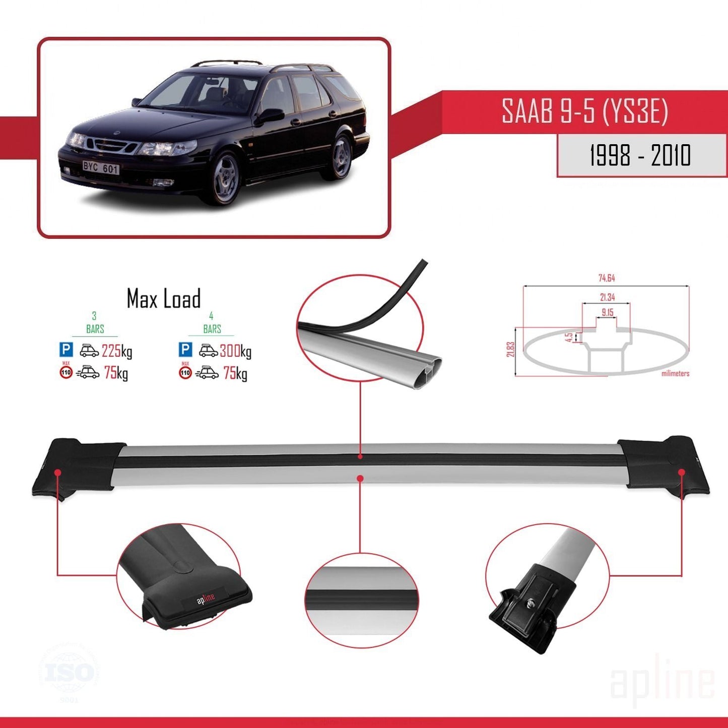 Kompatibel mit Saab 9-5 (YS3E) Combi 1998-2010 FLY Model Relingträger Dachträger Auto Gepäckträger Grau Aluminium 3 Stangen