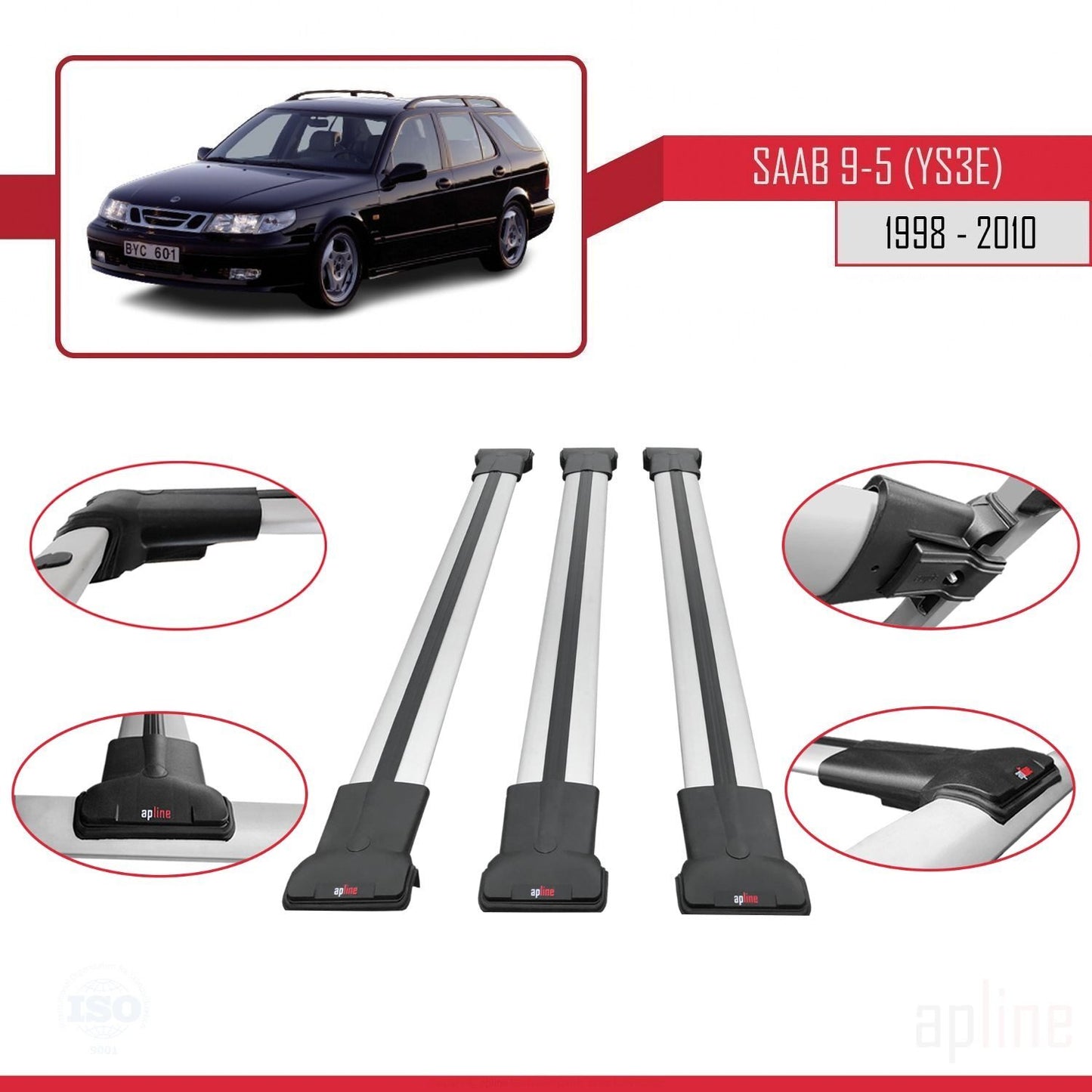 Kompatibel mit Saab 9-5 (YS3E) Combi 1998-2010 FLY Model Relingträger Dachträger Auto Gepäckträger Grau Aluminium 3 Stangen