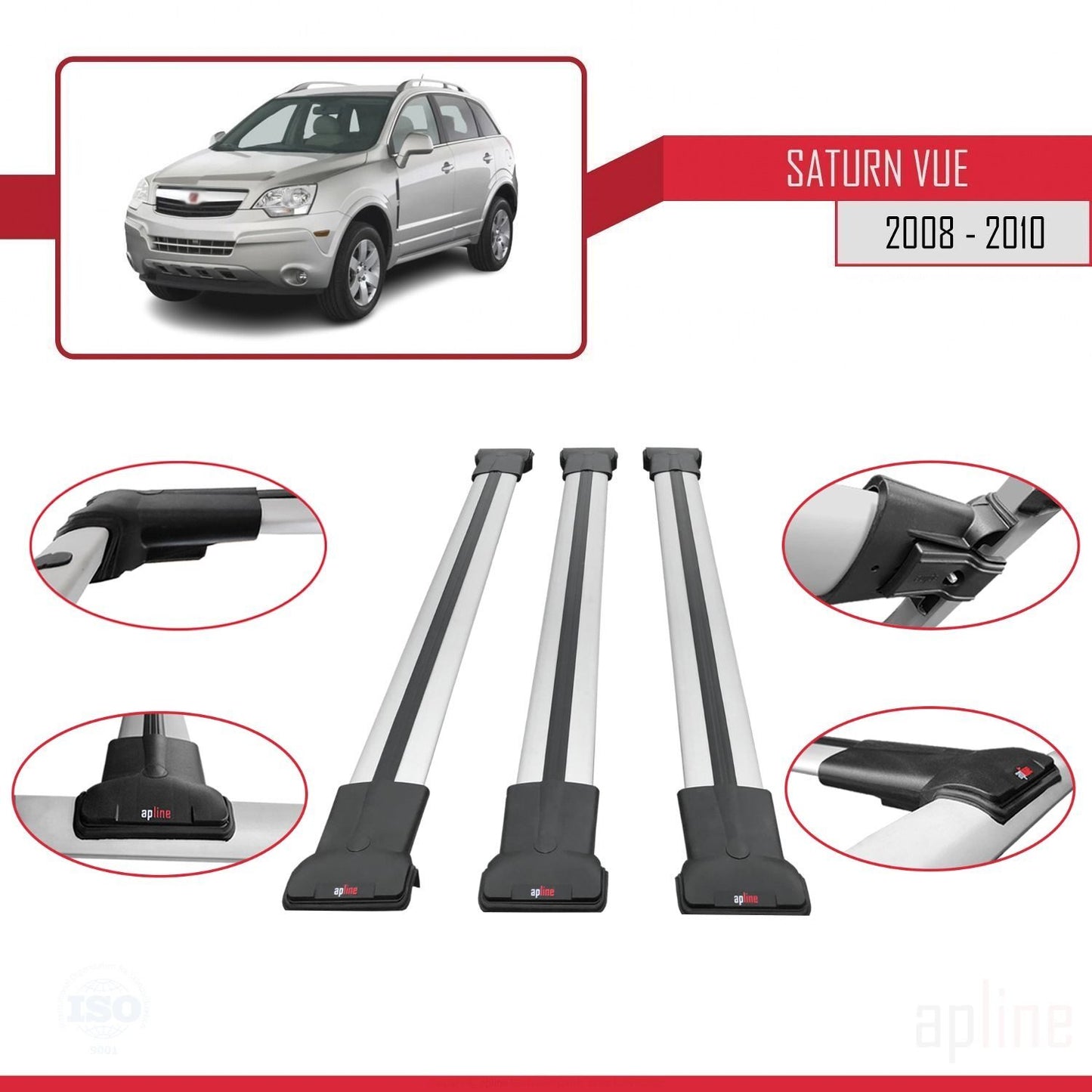 Compatible avec Saturn Vue 2 2008-2010 FLY Model Barres de Toit Railing Porte-Bagages de Voiture Gris Aluminium 3 Barres
