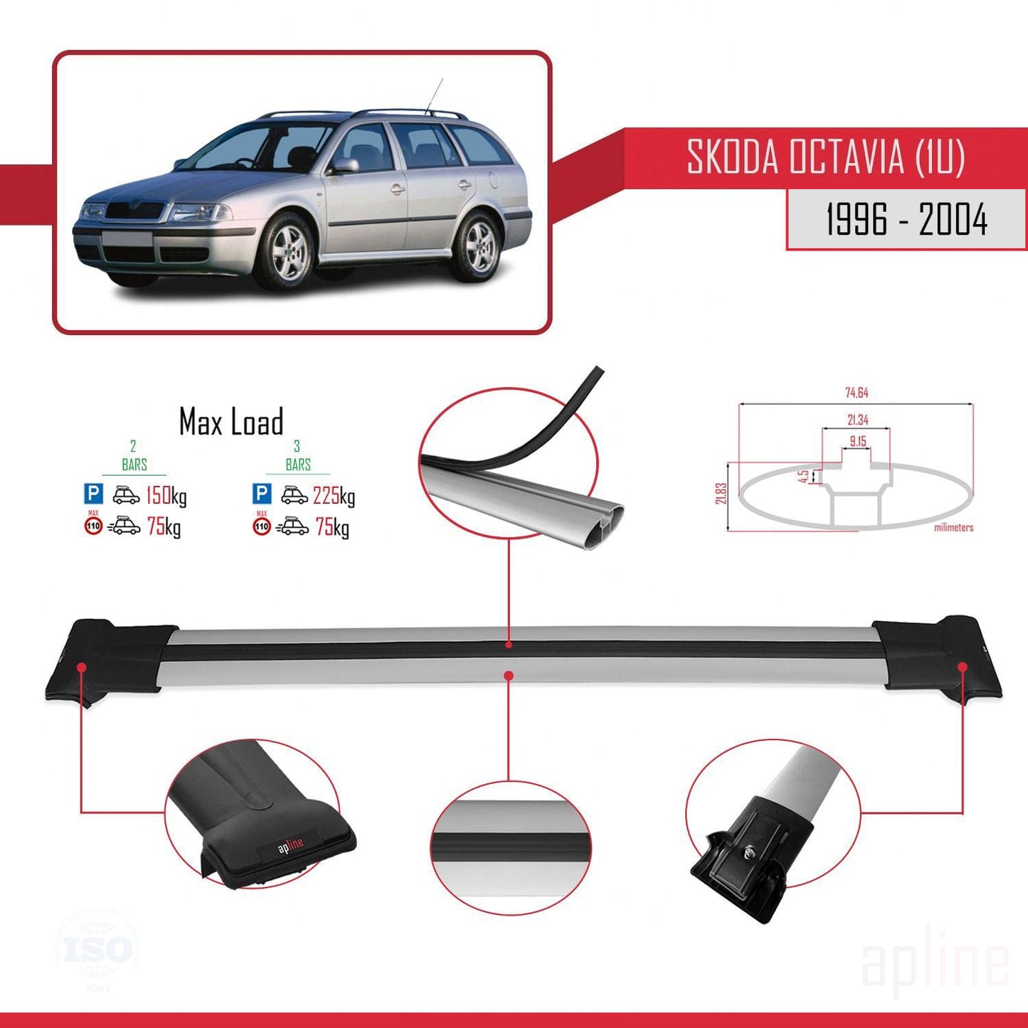 Compatible avec Skoda Octavia (1U) 1996-2004 FLY Model Barres de Toit Railing Porte-Bagages de Voiture Gris Aluminium 2 Barres