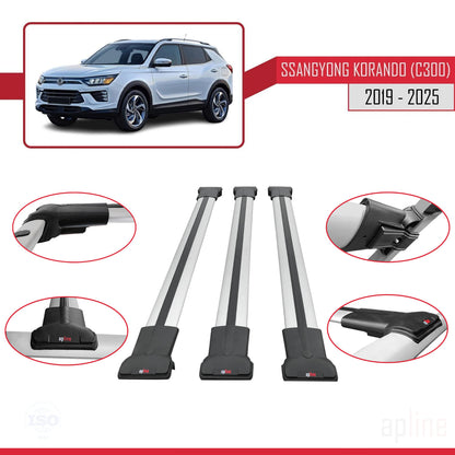 Compatible avec Ssangyong Korando 4 (C300) 2019-2025 FLY Model Barres de Toit Railing Porte-Bagages de Voiture Gris Aluminium 3 Barres