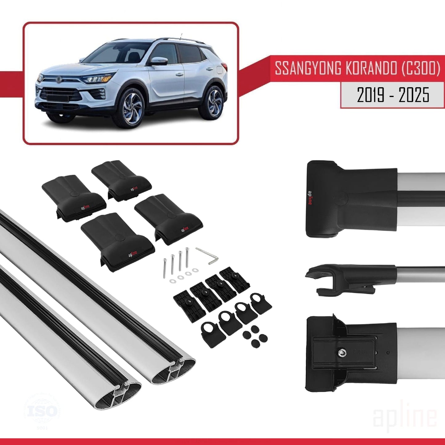 Compatible avec Ssangyong Korando 4 (C300) 2019-2025 FLY Model Barres de Toit Railing Porte-Bagages de Voiture Gris Aluminium 2 Barres