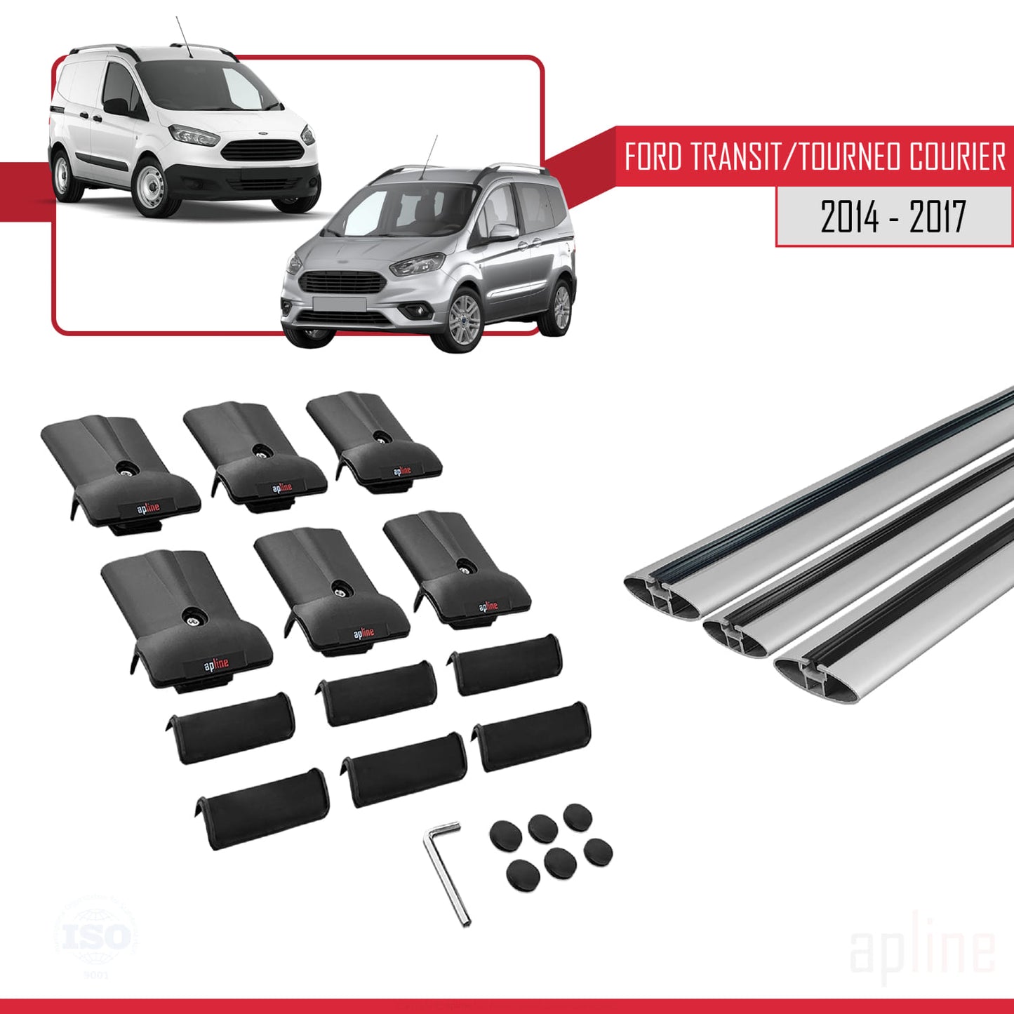Kompatibel mit Ford Transit/Tourneo Courier Vor-Facelift 2014-2017 FLY Modell Dachgepäckträger, graues Aluminium, 3-Stangen