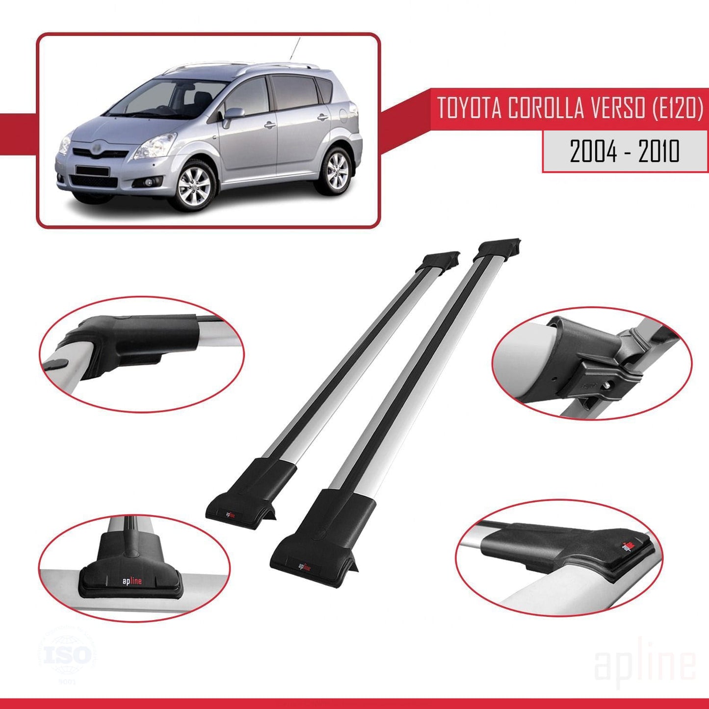 Compatible avec Toyota Corolla Verso 2 (AR10) 2004-2010 FLY Model Barres de Toit Railing Porte-Bagages de Voiture Gris Aluminium 2 Barres