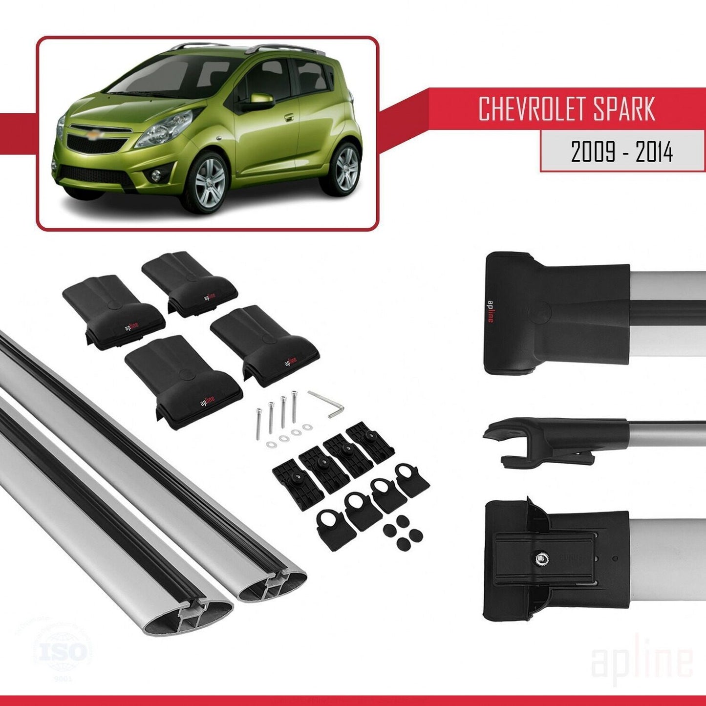 Kompatibel mit Chevrolet Spark (M300) 2009-2014 FLY Modell Dachgepäckträger, graues Aluminium, 2 Stangen