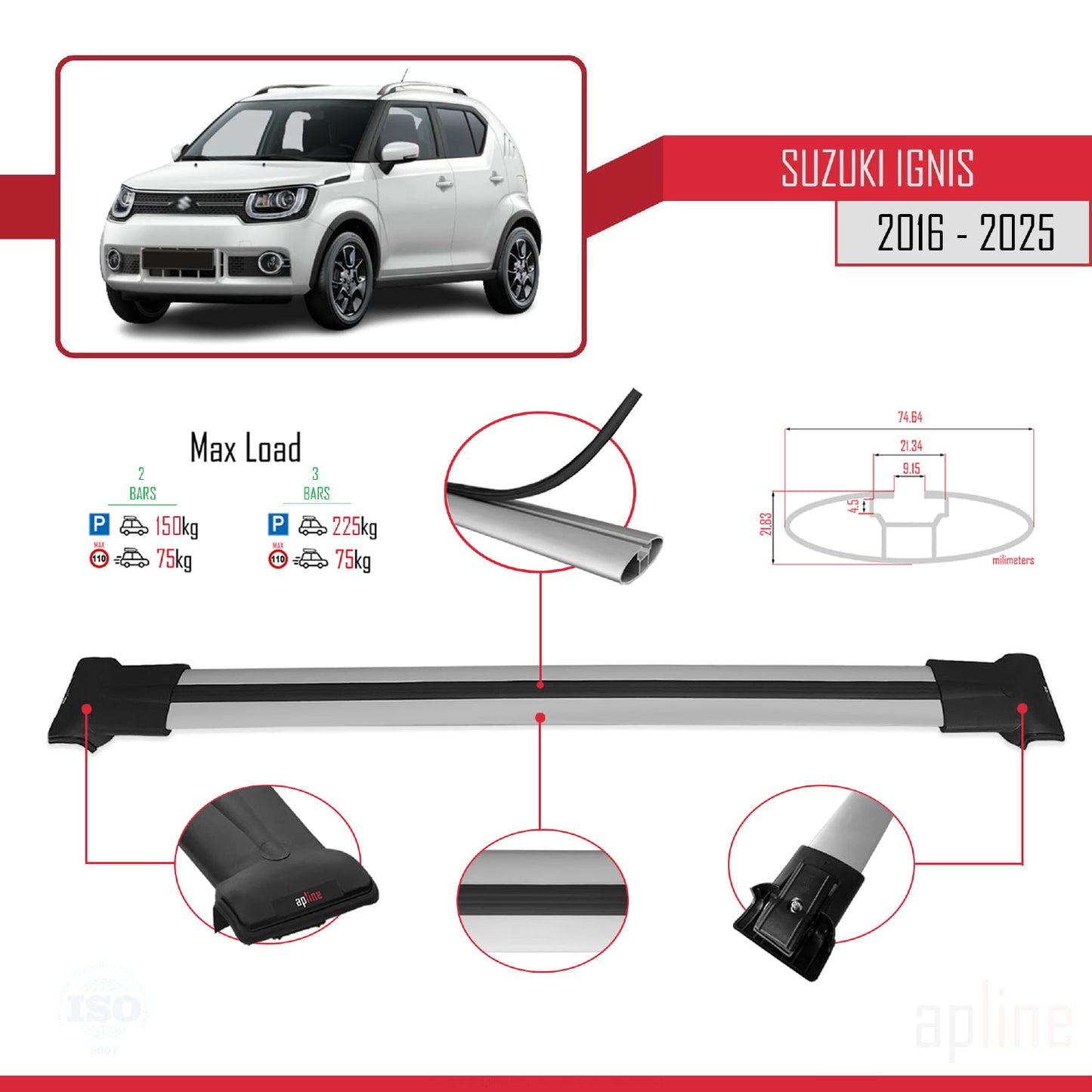Compatible avec Suzuki Ignıs 2016-2025 FLY Model Barres de Toit Railing Porte-Bagages de Voiture Gris Aluminium 2 Barres